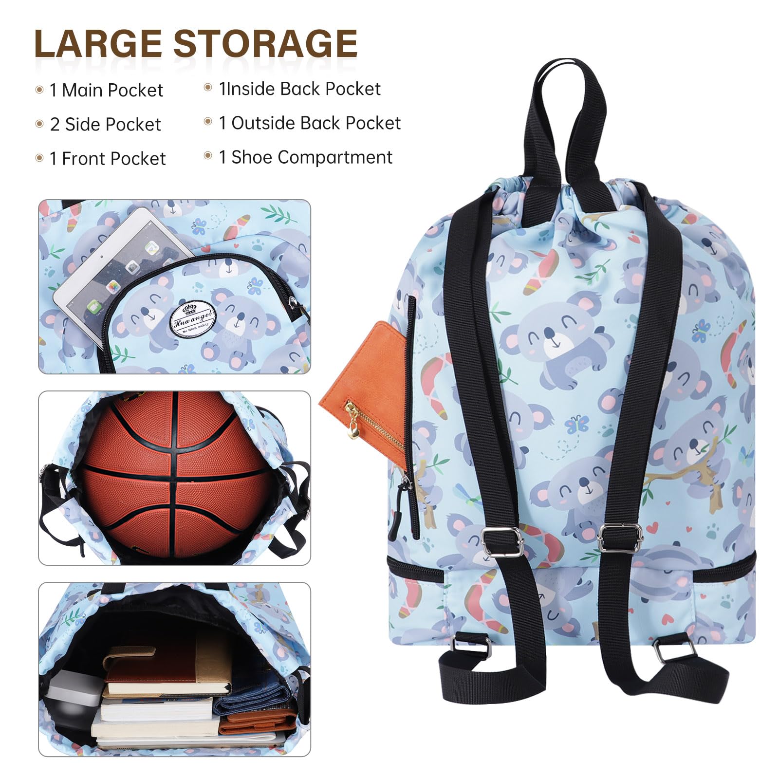 HUA ANGEL Unisex Drawstring Backpack Sports Gym Bag Drawstring Bag Weekend Daypack With Shoe Compartment for Women Men Basketball Football Outdoor Fitness Yoga Swimming Beach - Image 3