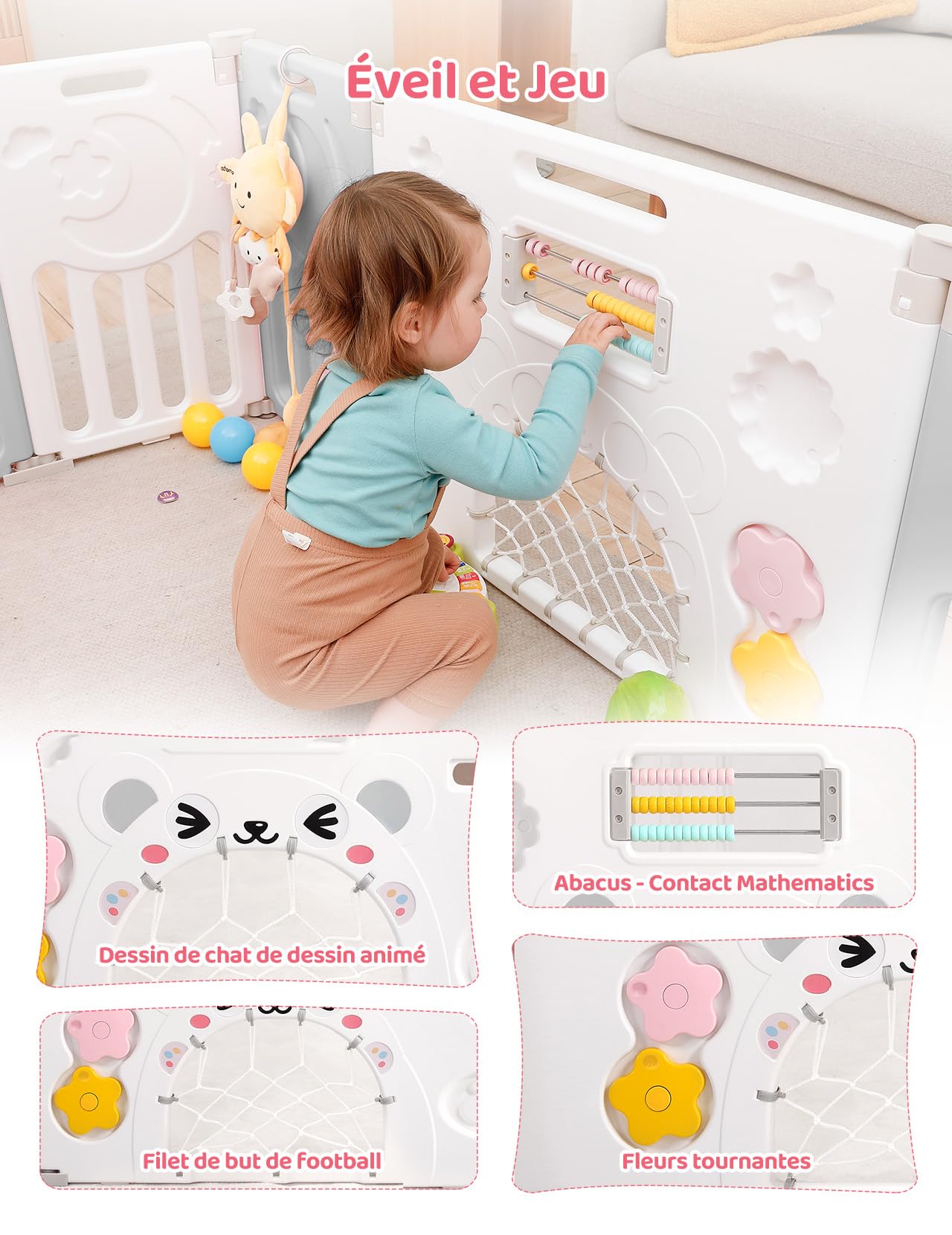 Dripex Parc bebe modulable plastique, panneau pour parc bebe modulable, 2 panneaux, Gris et blanc