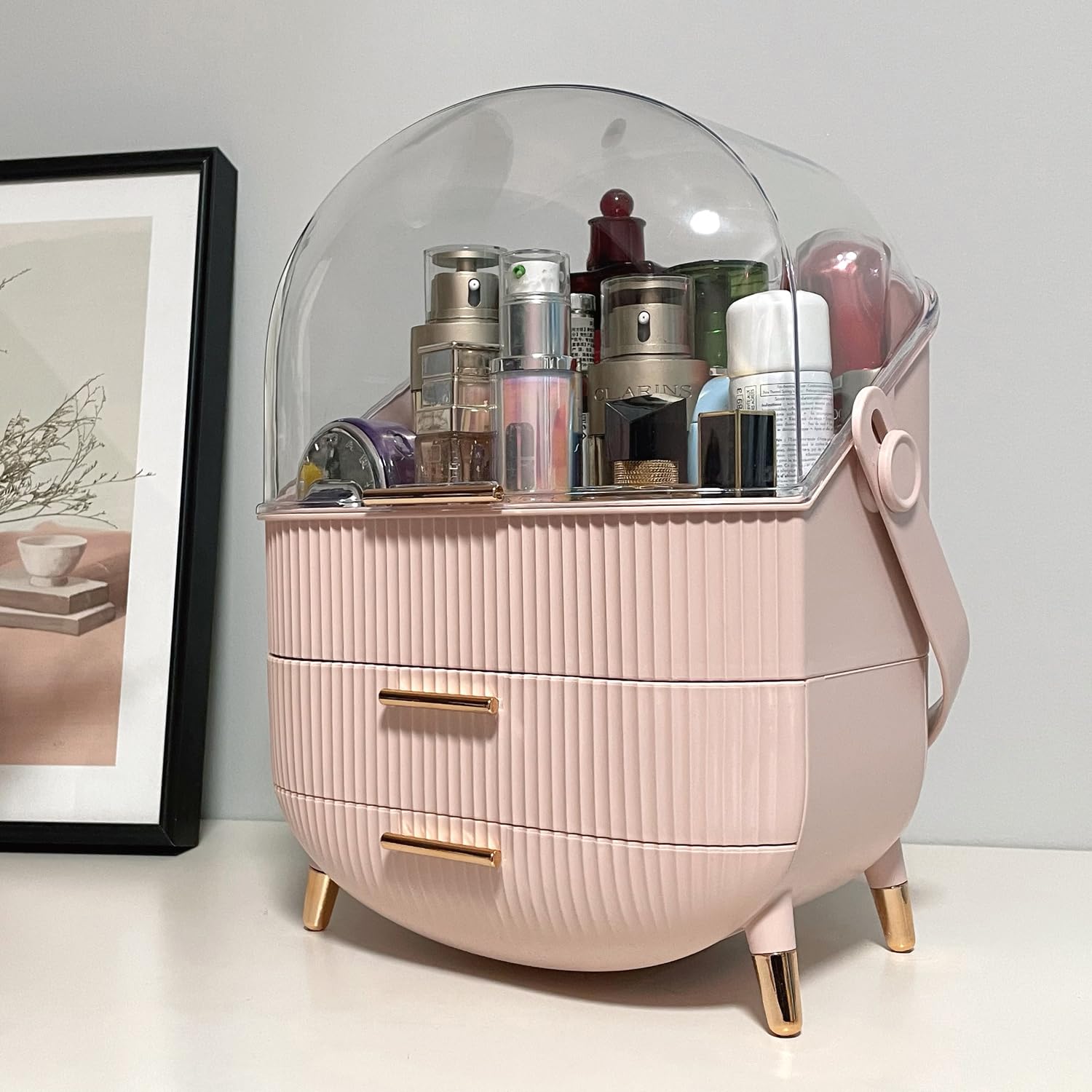 Kousee - Organisateur de maquillage avec couvercle transparent, tiroirs pour soins de la peau, porte-beauté pour salle de bain, coiffeuse, résistant à la poussière et étanche, rose