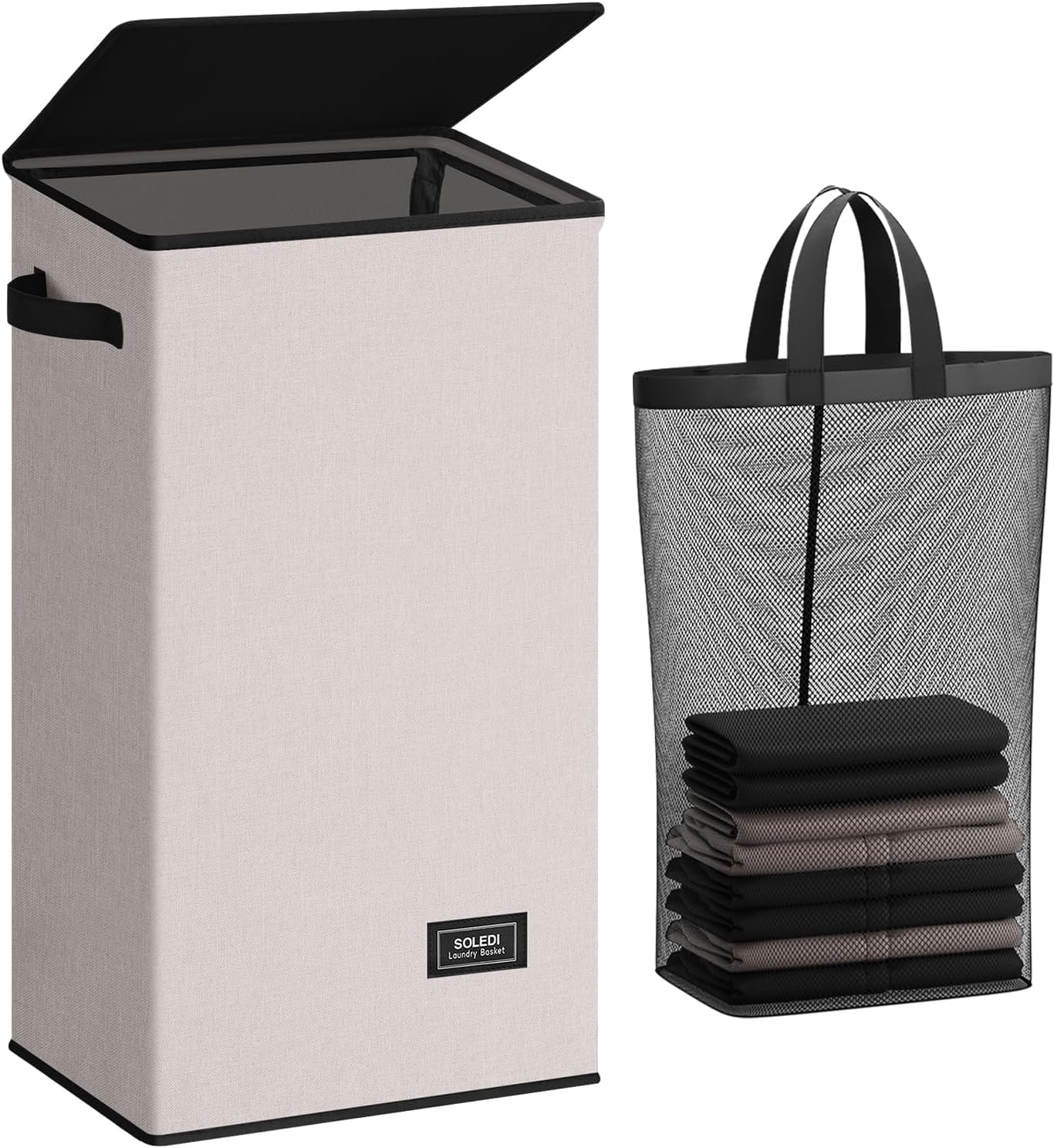 SOLEDILaundry Basket with Lid 100L Washing Basket Collapsible Laundry Baskets Slim Clothes Hamper Foldable Laundry Bin Laundry Bag for Bedroom, Closet, Bathroom, Dorm(Beige)