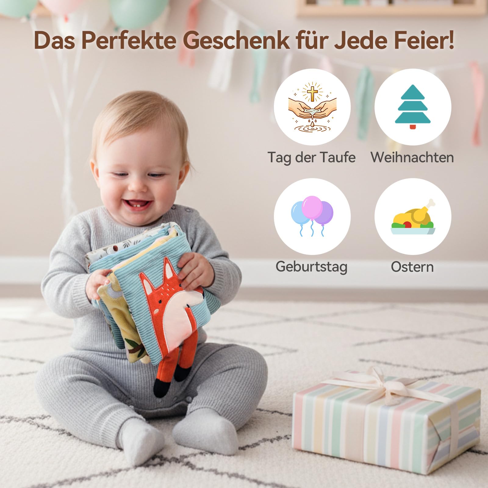 WOODEN TEETHER Livre de bébé en tissu avec miroir, jouet pour bébé de 0 à 6 mois - Livre sensoriel interactif - Livre d'or crépitant pour bébé - Cadeaux pour nouveau-né - Éléphants