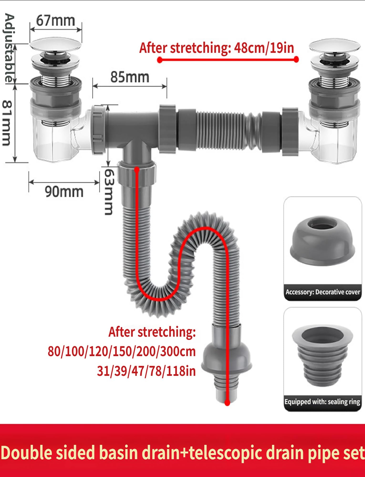 Kit de drenaje de baño for lavabo doble con tapón emergente, juego de tuberías antiolor for lavabo doble, manguera de residuos Flexible, ajuste Universal(Vertical,300cm/118in)