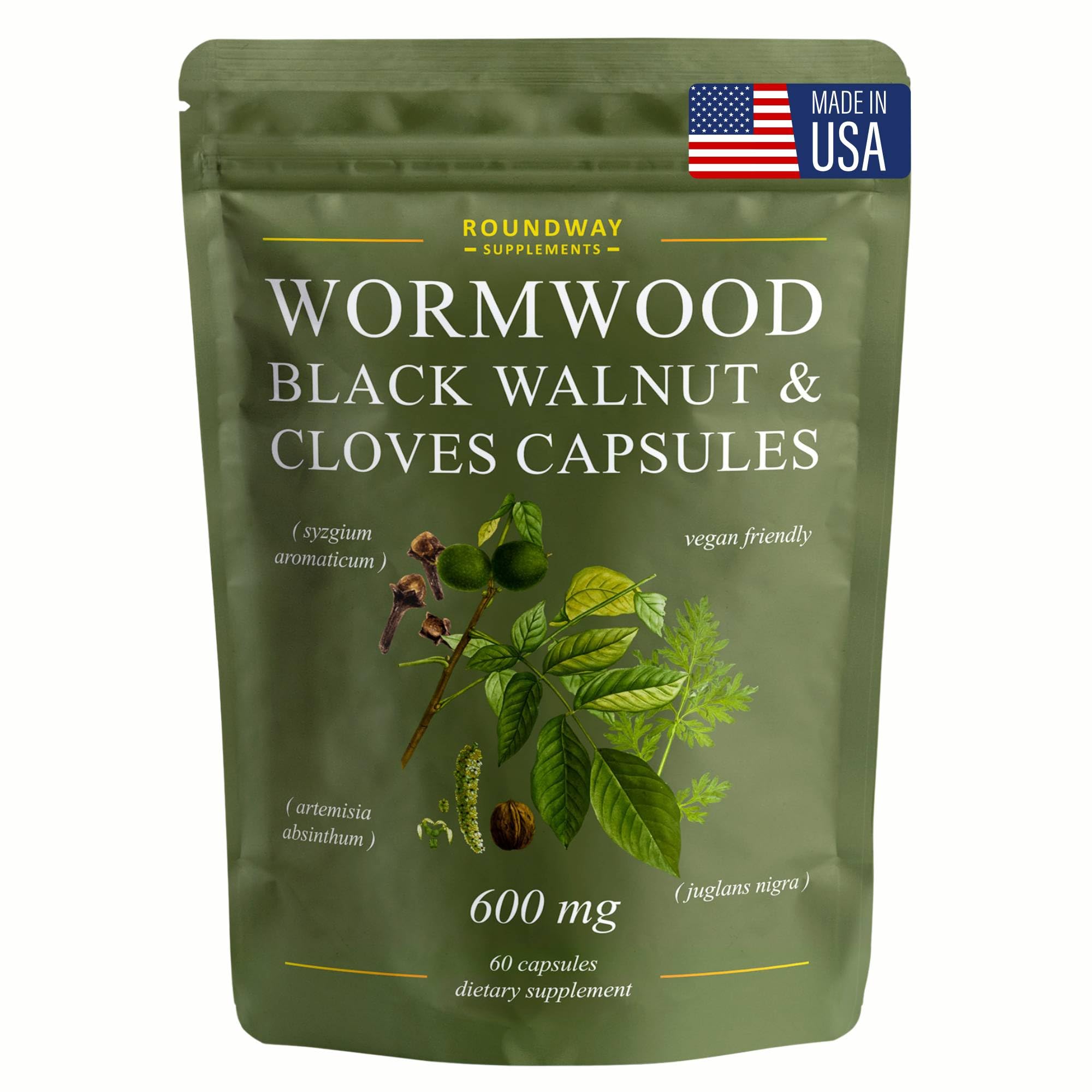 Wormwood Black Walnut Hull and Clove Capsules | High Strength Cleanse for Humans. 2 Months Supply | 60 Capsules, 600mg. Gluten-Free and Non-GMO. Vegan Supplement (Pack of 1)
