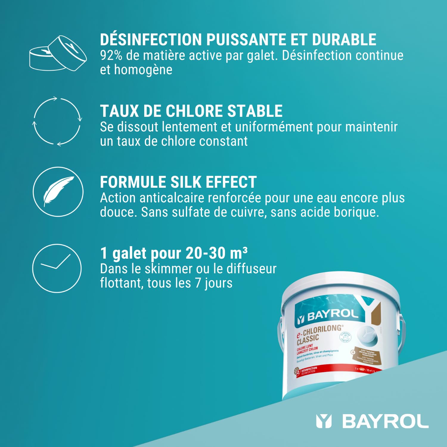BAYROL e-Chlorilong® Classic Piscine 5 kg - Galets de Chlore Lent 200g - 92% Chlore Actif - Désinfection Permanente Haute Concentration - Anti-Calcaire