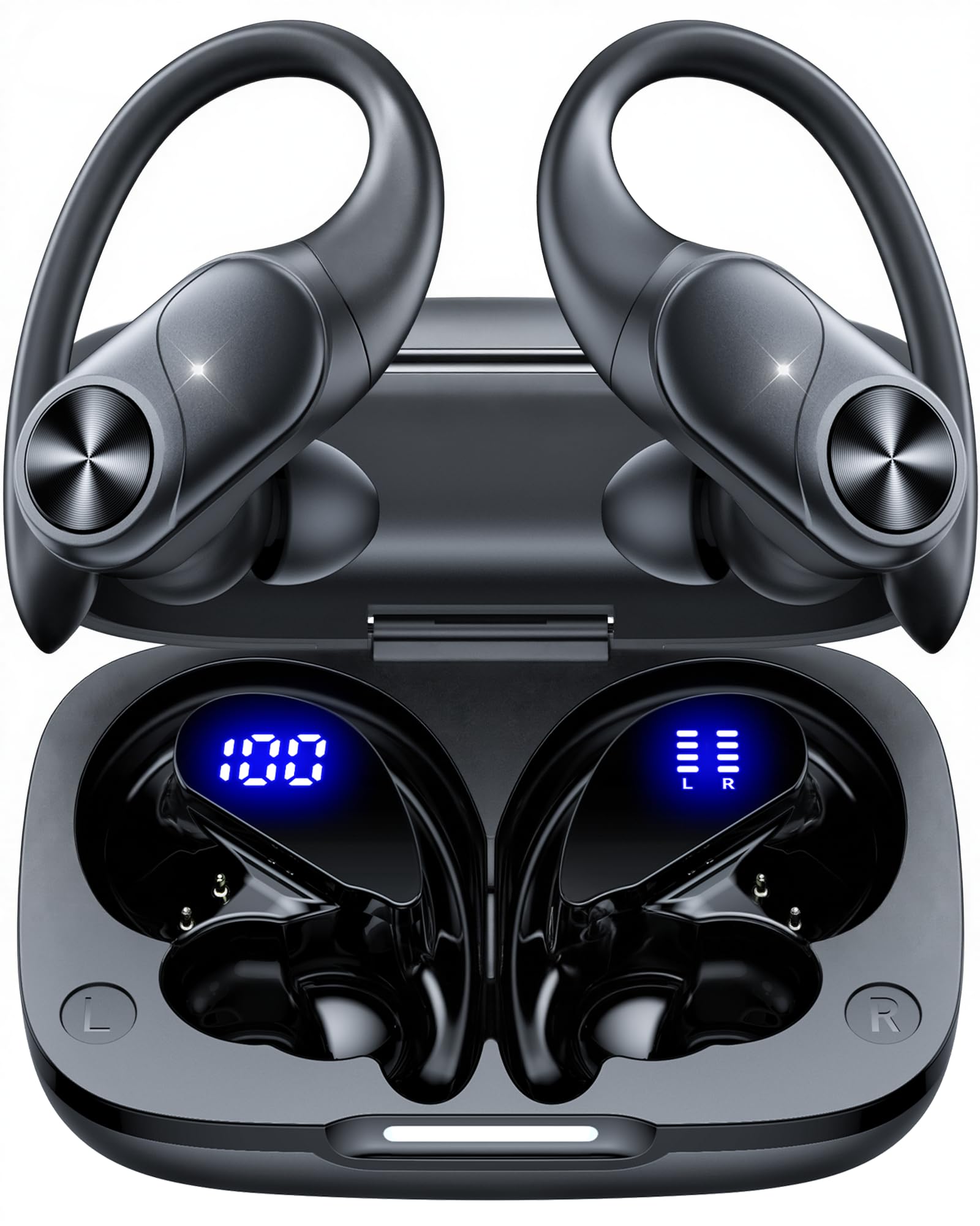 ECLVOX Kabellose Bluetooth Kopfhörer Sport, 80h Laufzeit mit LED Akkuanzeige, Bluetooth 5.3, IPX7 Wasserdicht, ENC Mikrofon, Physische Tasten, In-Ear Ohrhaken für Joggen & Fitness