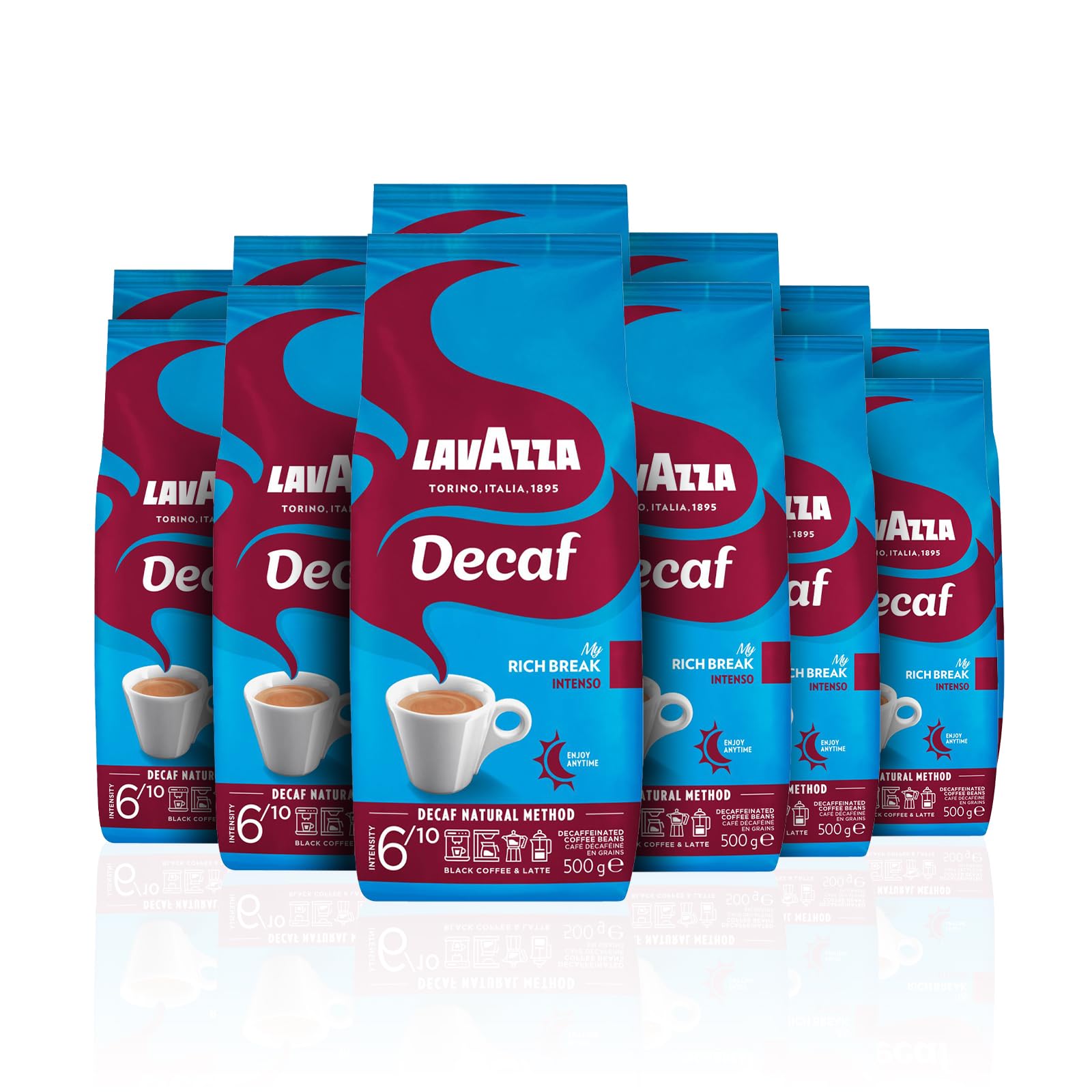 Lavazza, Decaf „My Rich Break“ Intenso, Entkoffeinierte Kaffeebohnen, Ideal für Cappuccino, mit Aroma Noten von Tabak und Holz, Arabica und Robusta, Intensität 6/10, Mittel-Dunkel Röstgrad, 6 kg