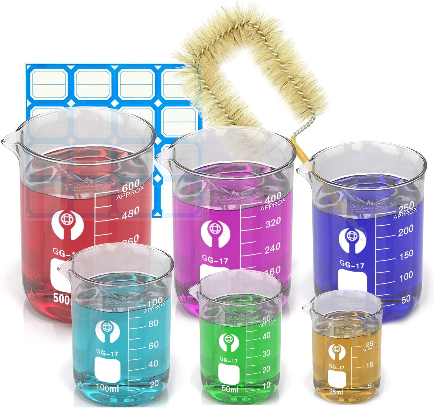 Wandefol 6pcs Glass Beaker, Transparent Glass Graduated Beaker + 1 * Beaker Brush + Labels Stickers Experiment, DIY Cosmetics 25ml/50ml/100ml/250ml/400ml/600ml