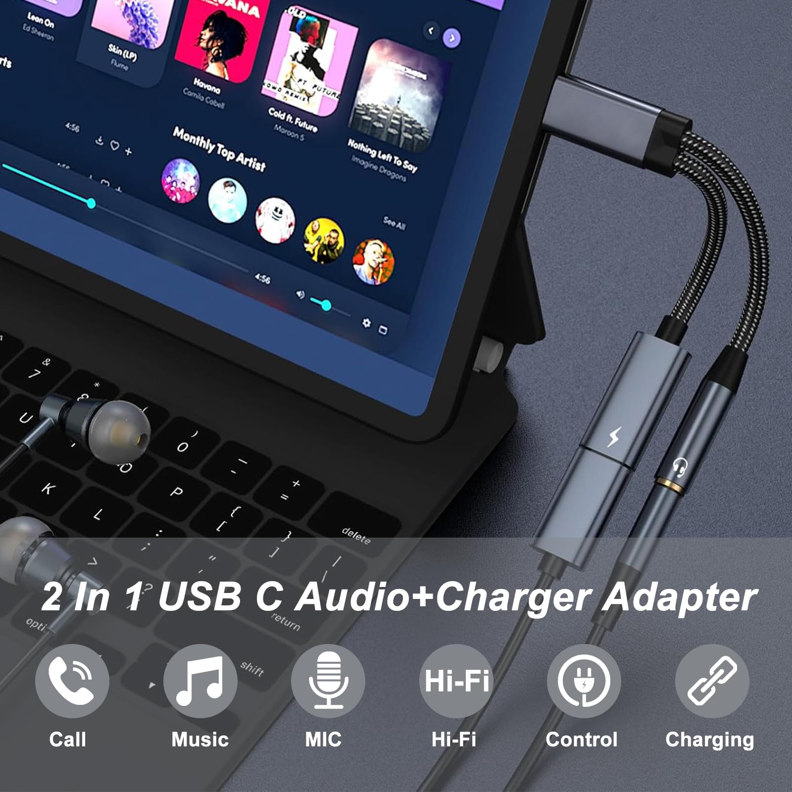 USB C to 3.5mm Headphone and Charger Adapter 2 in 1, PD 60W Fast Charging, USB C to Aux Audio Jack, Hi-Res DAC Dongle Cable Cord for iPhone 16 /15Pro Samsung Galaxy S23/S22/S21/S20 Ultra Pixel (Blue)