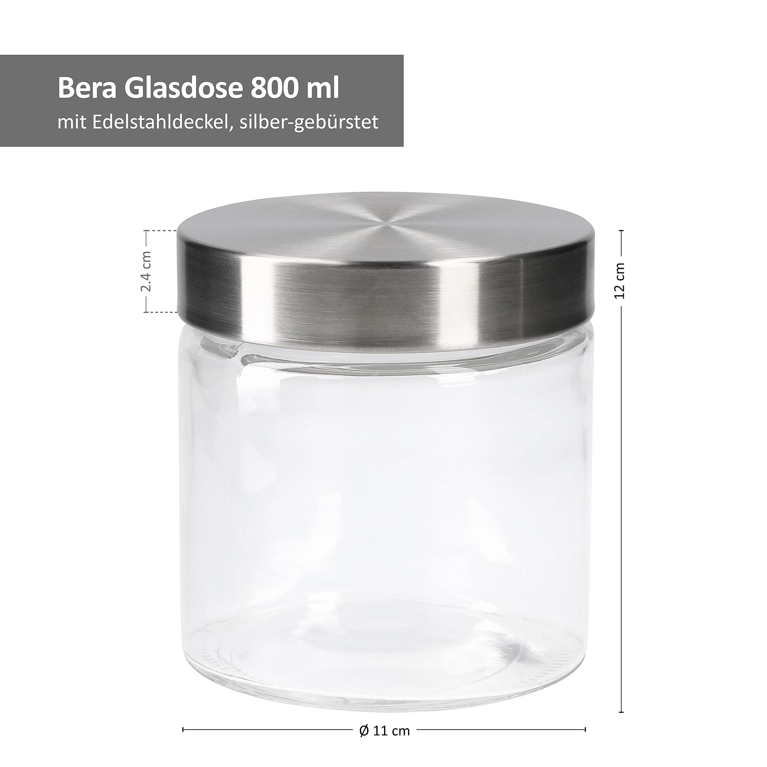 MamboCat 24tlg.-Set Vorratsglas Bera mit Edelstahldeckel Silber I Ø 11 cm I 0.8L I befüllbare Glasdosen I Runddosen I Aufbewahrungsbehälter