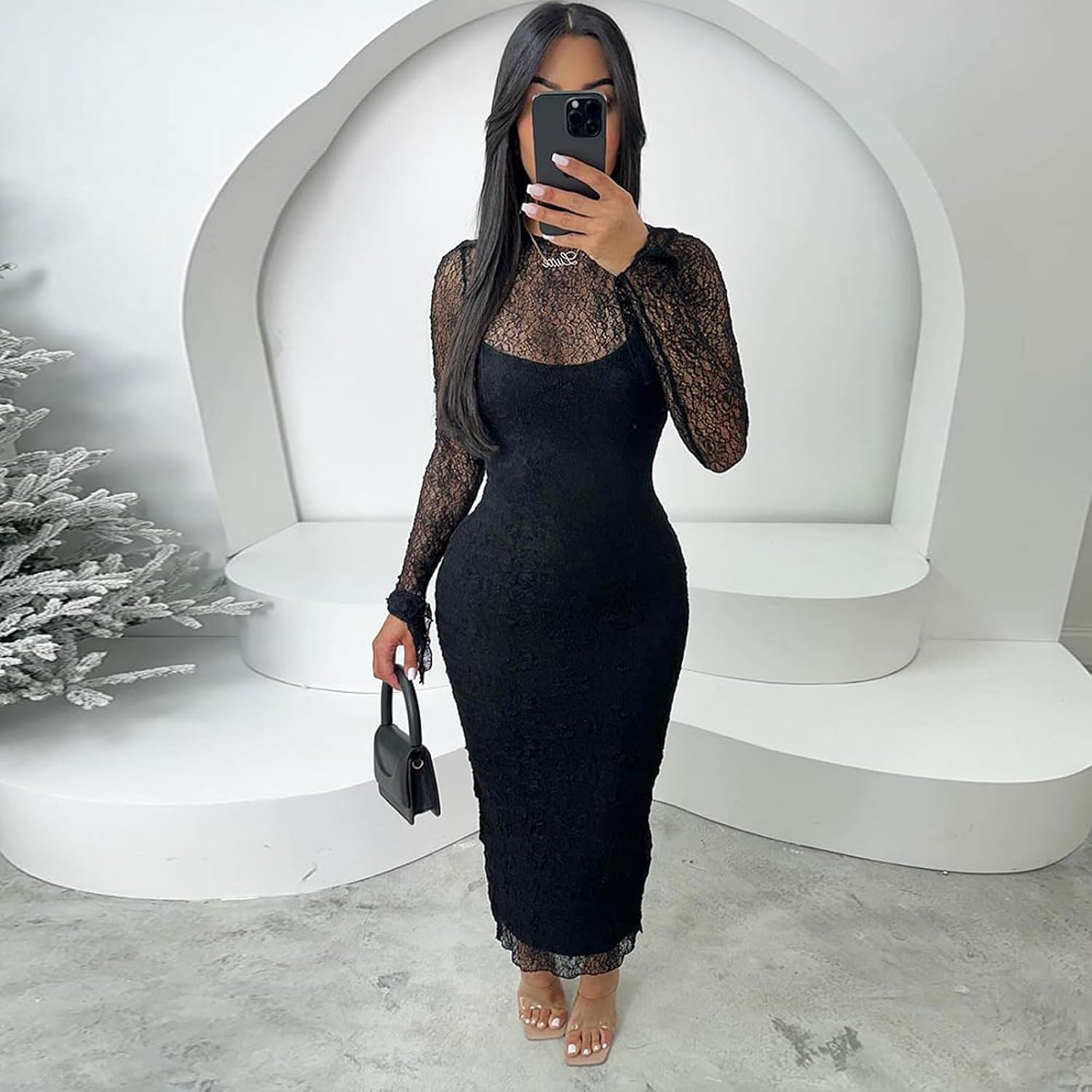 Sexy Lace Dresses for Women Long Sleeve Midi Dress Elegant Bodycon Cocktail Dresses Club Date Night Outfit - Image 6