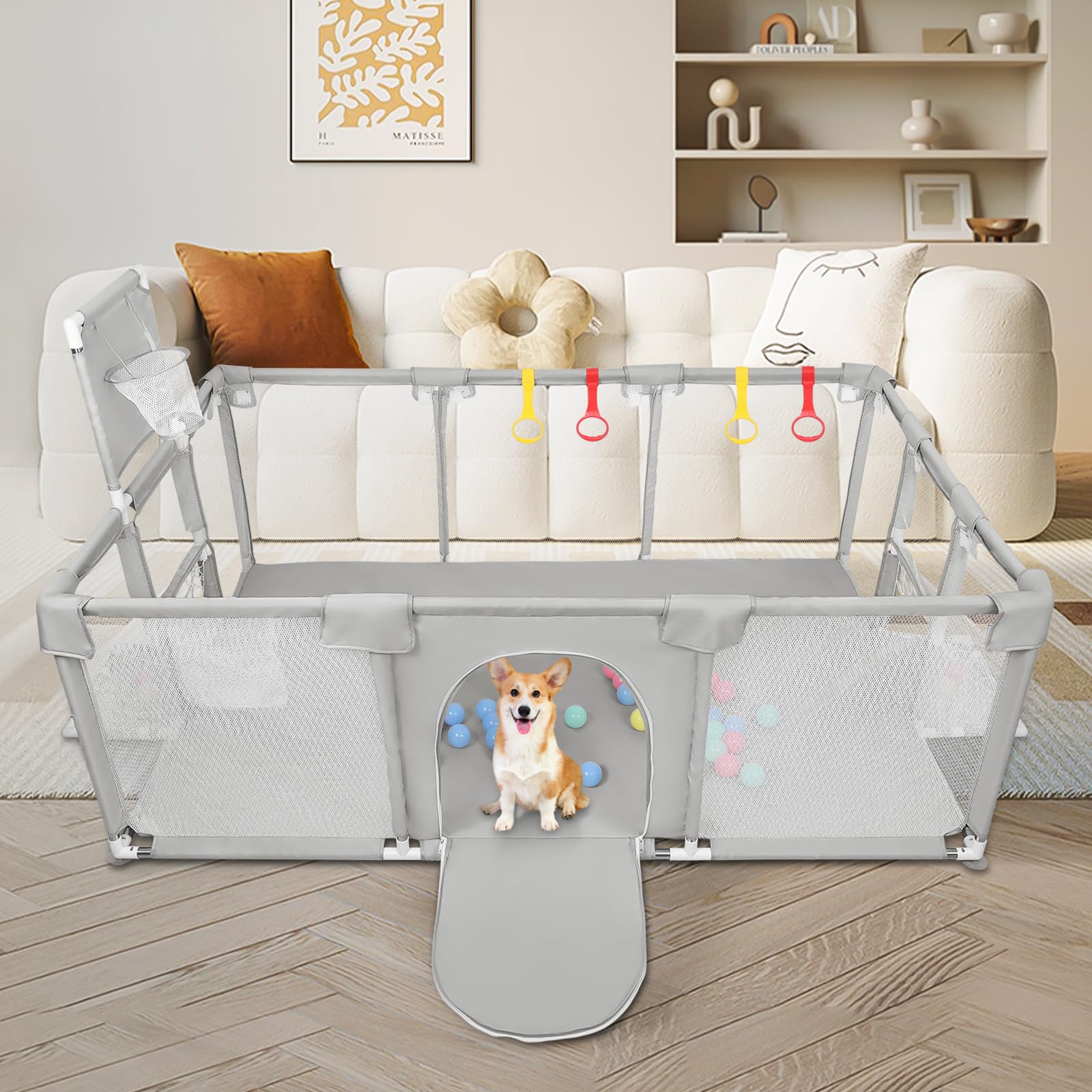 OHMG Parc Bébé,180x120cm,d'Activité pour Enfants avec Base,Modulable,Pliable,Grand parc pour enfant en bas âge Avec Porte Zippée,50 Balles,Basketball Rack,4 Ventouses (180 * 120 * 66cm-Gris clair)