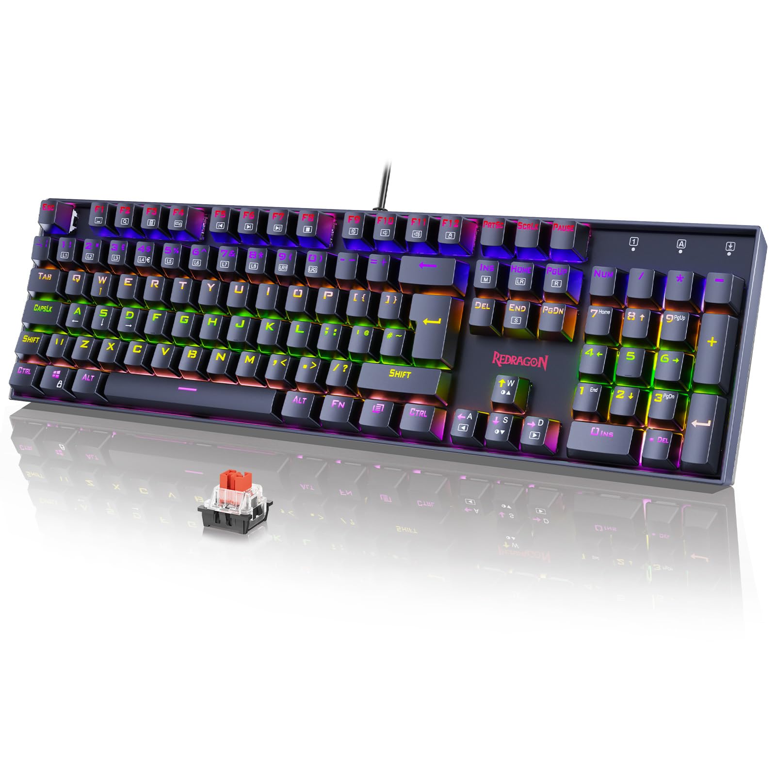 RedragonMechanical Gaming Keyboard, LED Rainbow Backlit 104 Keys with Red Switches, Durable ABS Keycaps/Anti-Ghosting Keys/Metal Case Wired Keyboard Gaming for PC/Mac - UK Layout
