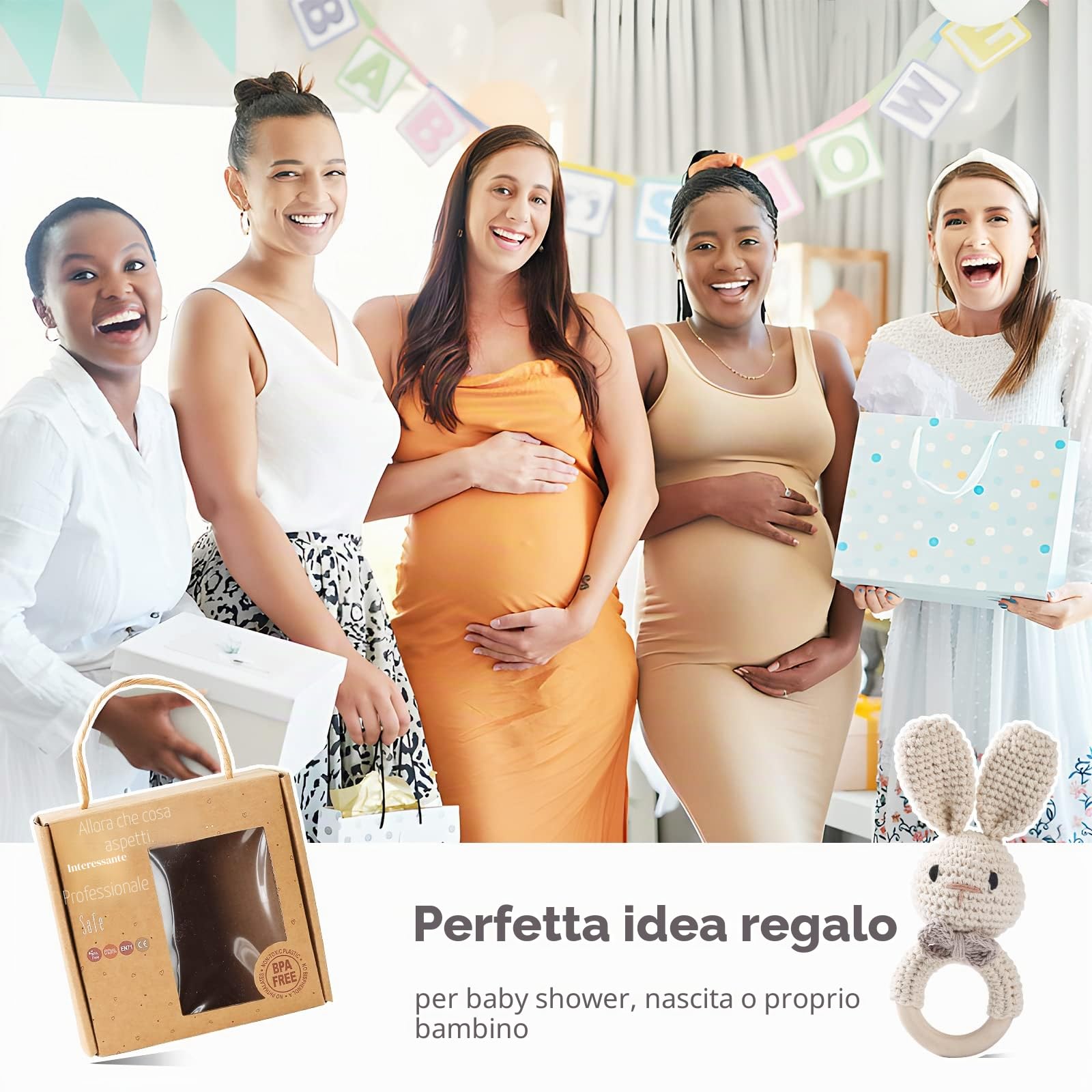 Youuys 7 Pezzi Regalo Set per Neonato, Regalo per Bambino e Bambina, Asciugamano da Bagno, Sonaglio, Giocattolo in Legno, Cartoline, Calzini, Spazzola, Baby Shower (Coniglio Beige)