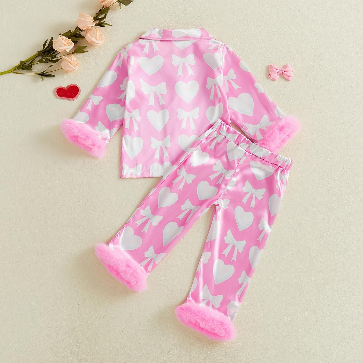 fyclemt Kids Toddler Girls Valentines Satin Pajamas Set Heart Bow Long Sleeve Button Down Shirts Pants Pjs Sleepwear Lounge - Image 6
