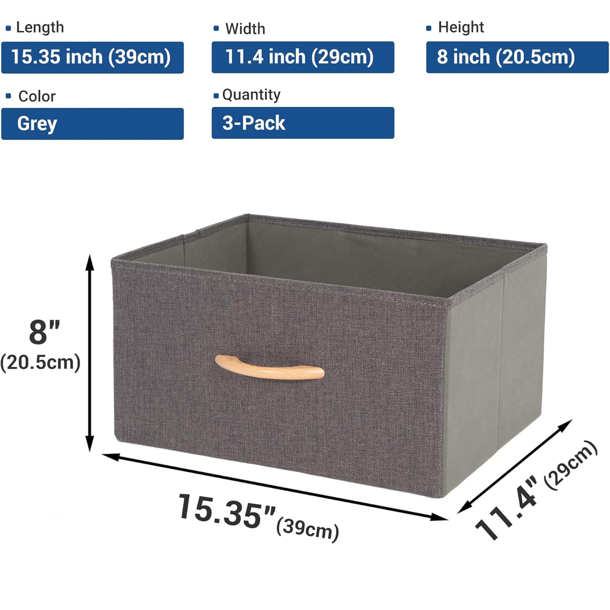 Faltbare Stoff-Aufbewahrungskörbe, große Schrank-Organizer, Würfel mit stabilen Holzgriffen, Stoff-Kleidungsaufbewahrungsboxen für Regale, Decken, Bücher, Kinderzimmer, Grau, 2 Stück