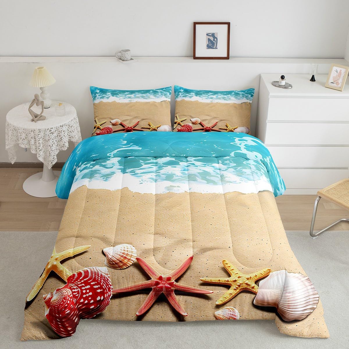 Feelyou Ocean Beach Bedding Set for Girls Boys Kids Twin Size Starfish Seashell Comforter Decor Summer Holiday Comforter Set Blue Quilt Set 2Pcs Multi 07 Twin