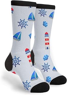 351 Women Men Hiking Socks Nautical Seaside Lighthouse Boat Athletic Socks Comfortable Cushioned Socks Thick Athletic Crew Socks For Climbing Camping Sport
