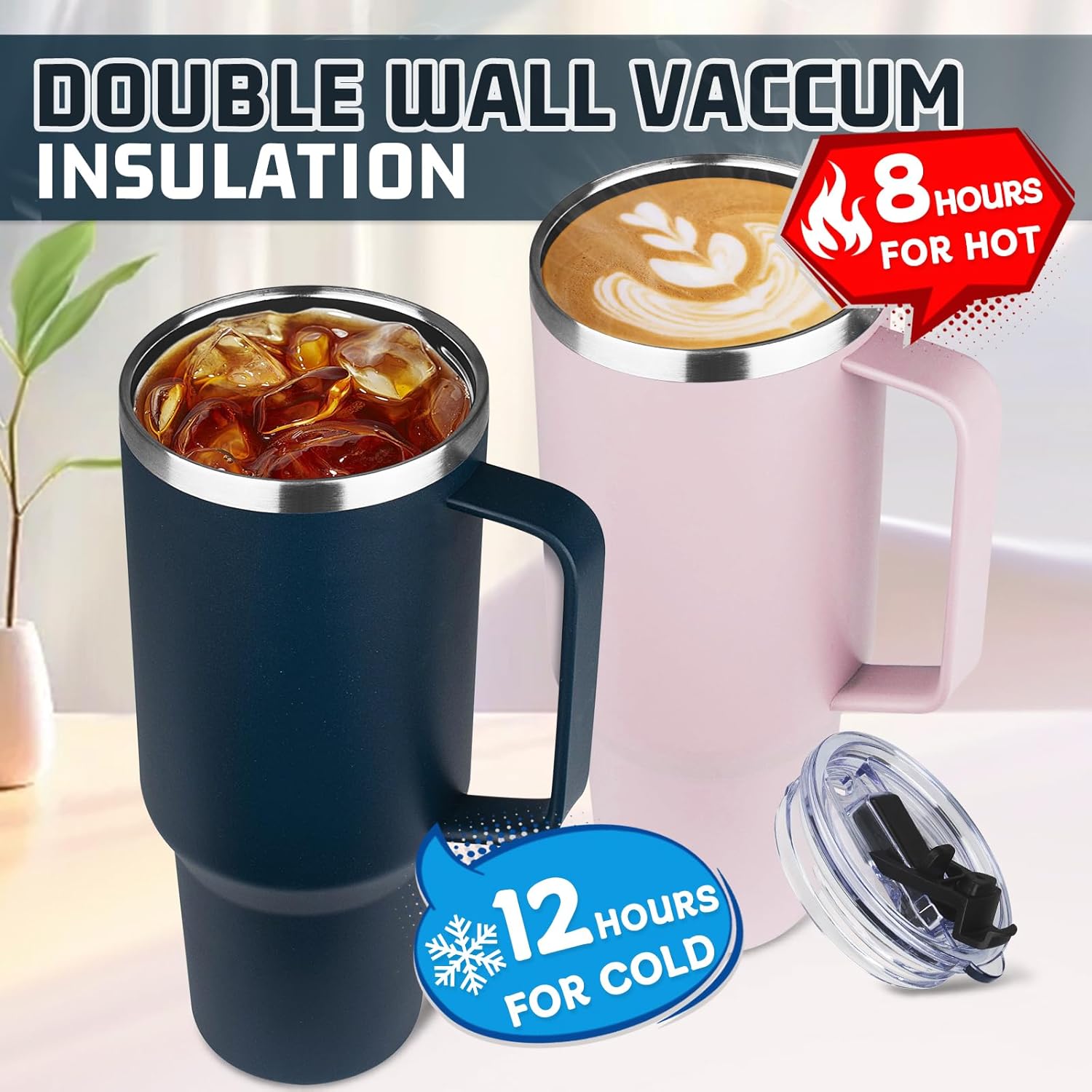 40 oz Tumbler with Handle and Flip Straw, 100% Leakproof Insulated Tumbler with Lid and Straw, Stainless Steel Travel Coffee Mug, Insulated Coffee Thermal Cup for Cold and Hot (Deep Blue) - Image 4