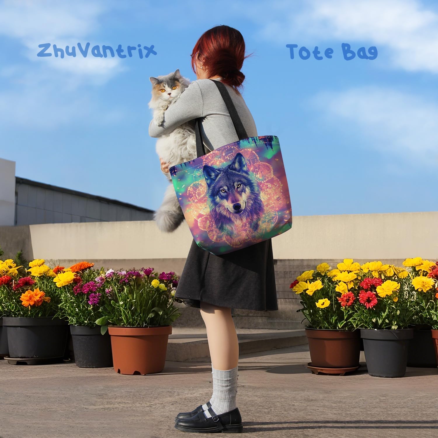 Ethnic Wolf Tote Bag Reusable Grocery Bags Cute Aesthetic Shopping Shoulder Handbag with Interior Zipper Pocket Lightweight & Washable Stylish Ethnic Wolf Present for Women - Image 6