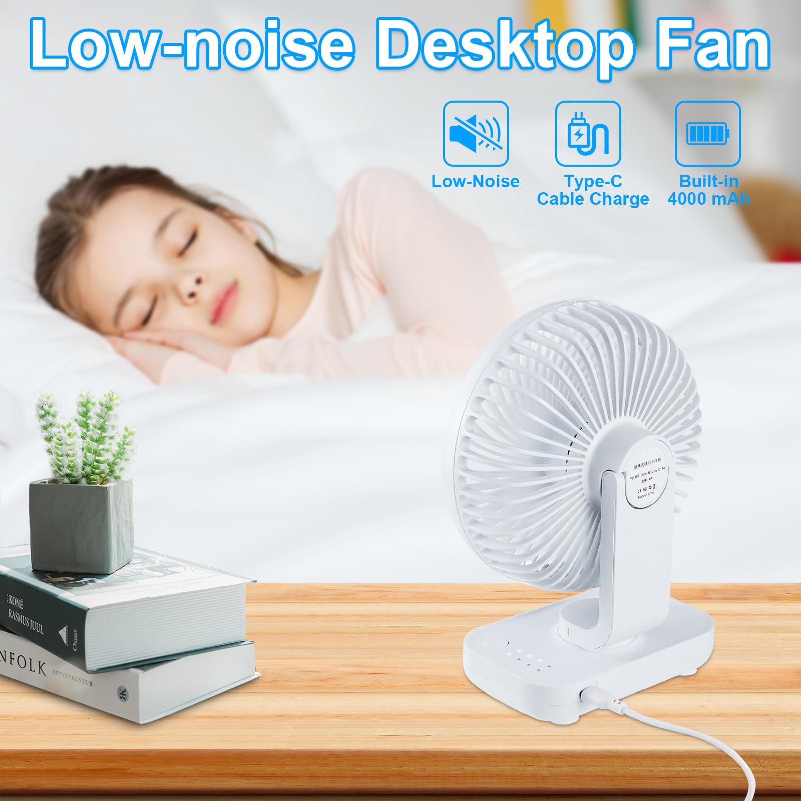Qingning Cichy wentylator biurkowy USB, przenośny mini wentylator stołowy z 4 prędkościami, mały wentylator o mocy 5 cali, 4000 mAh, do domu, sypialni, biura, na zewnątrz (biały)