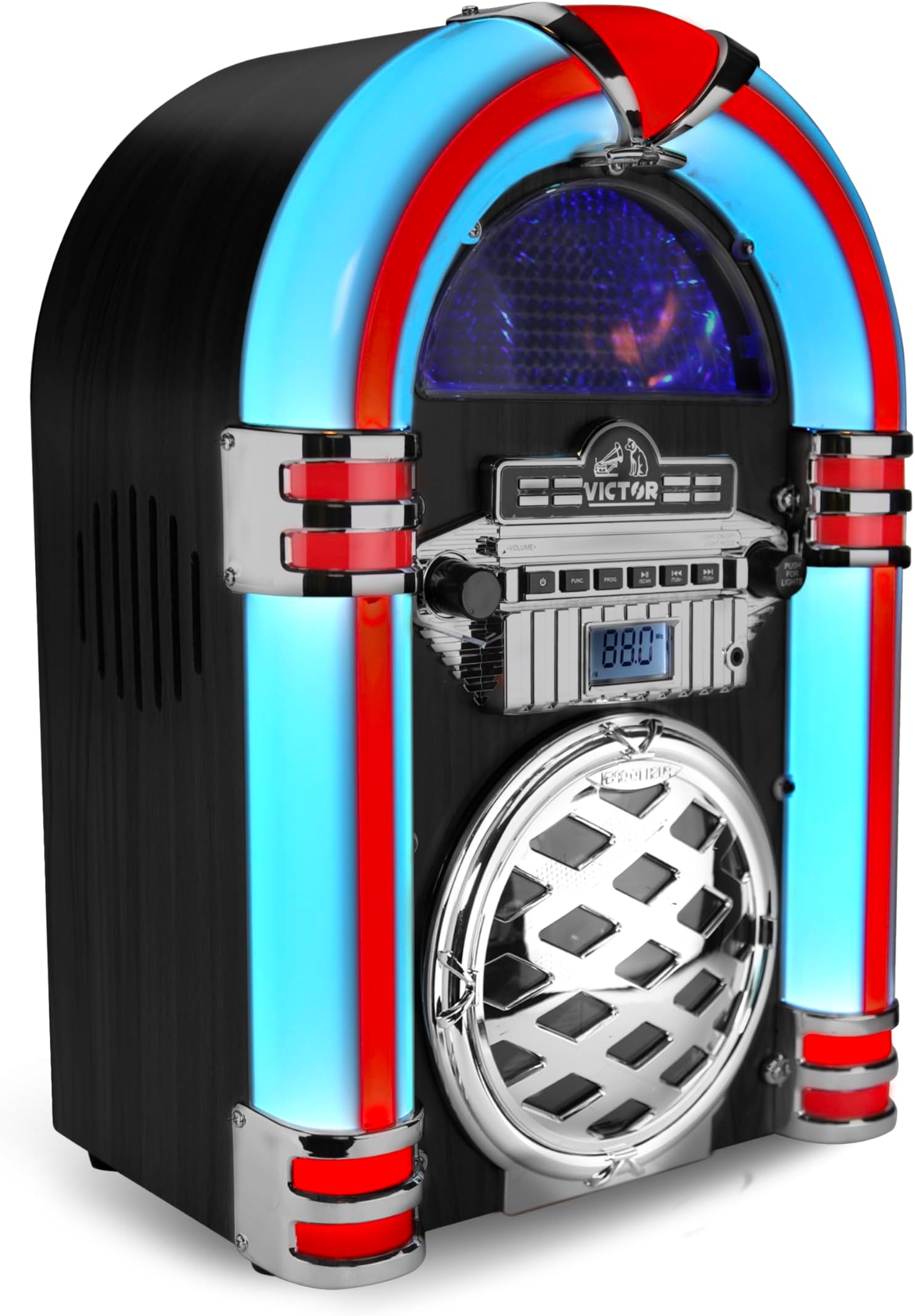 VICTOR Broadway Desktop Bluetooth Jukebox with CD Player, FM Radio, Built-in Stereo Speakers, and Color Changing LED Lighting, Black (VDTJ-1550-BK)