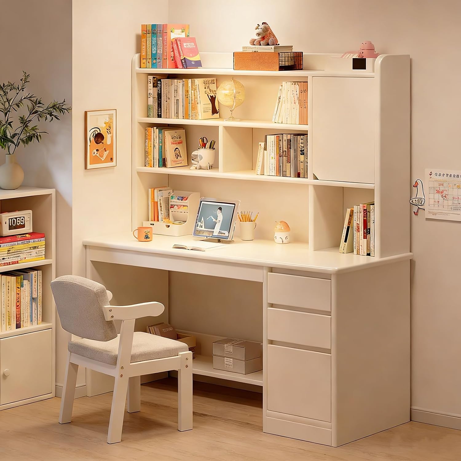 Moderna Scrivania In Legno con Cassetti Bianca, Scrivania da Lavoro con Ripiano Portaoggetti e Libreria Scrivania per Comp 120x45x165 cm