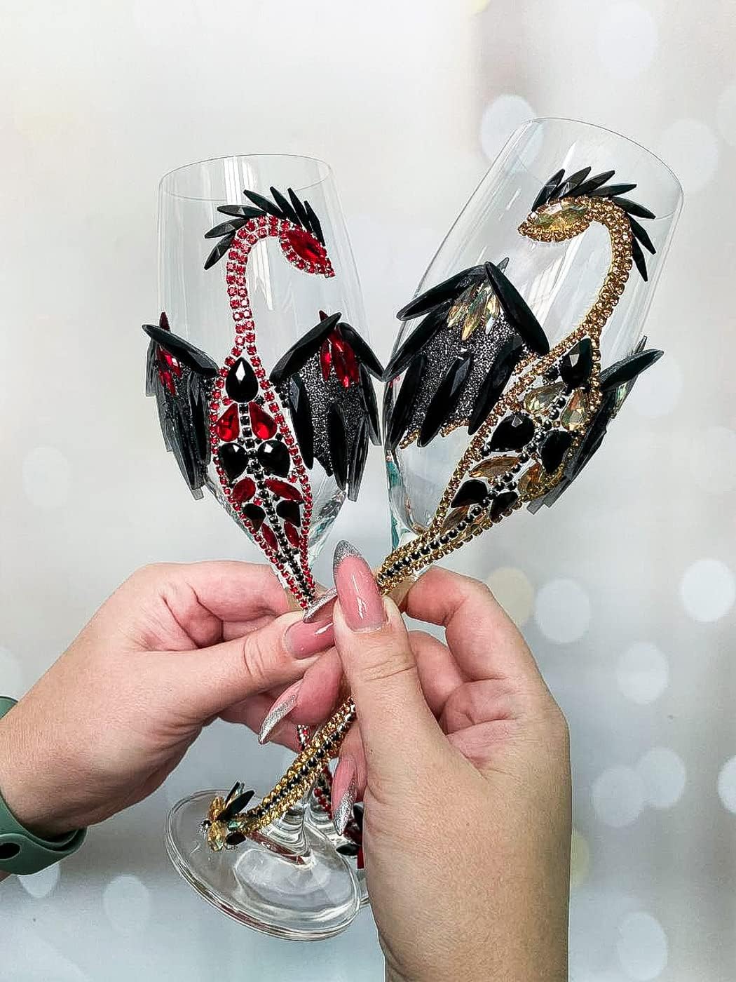 Gold Dragon Wedding Wine Glass for Bride or Groom with Black Crystal Wings and Stones