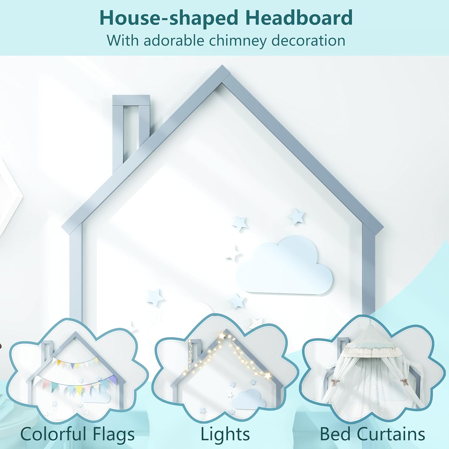 Close-up of the house-shaped headboard with decoration ideas