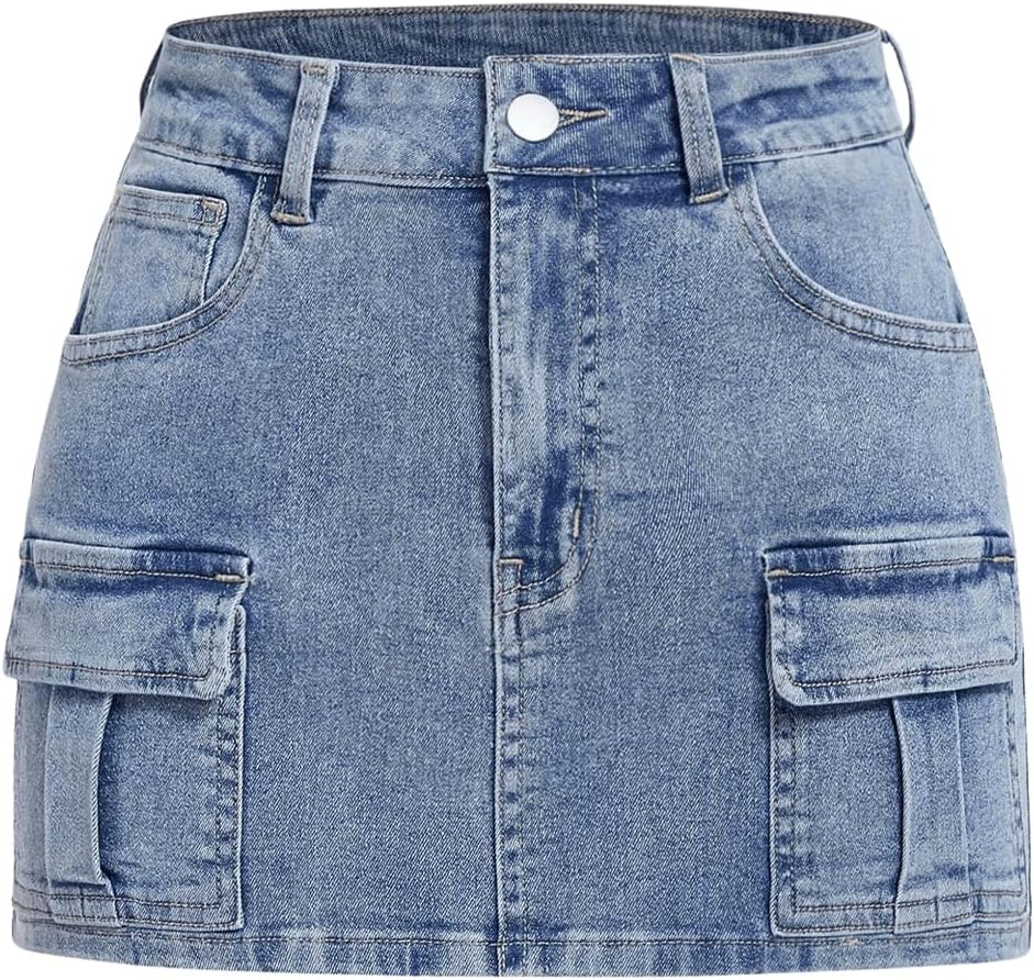 Milumia Women’s Cargo Denim Skirt Straight Jean Mini Skirts with Flap Pocket