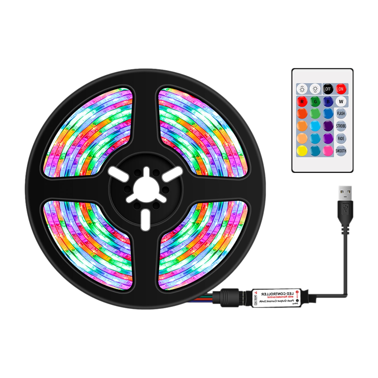RGB LED Strip Light with 24-Key Remote, USB Powered, Multiple Lengths (0.5m to 5m), 16 Color Modes, Indoor/Decor