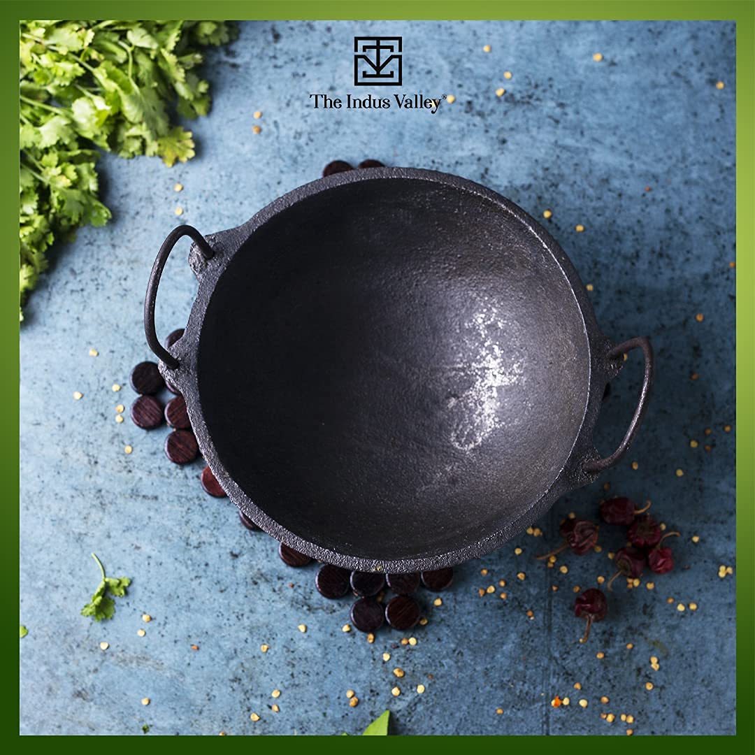 The Indus Valley PreSeasoned Cast Iron Kadai/Kadhai for Cooking and