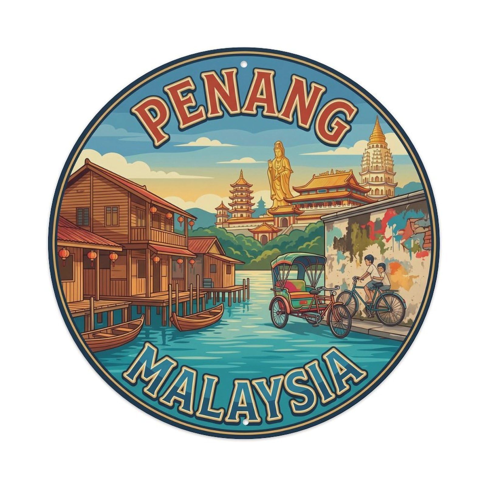 Yrnq 8X8inch Vintage Style Vintage Travel Penang Malaysia Clan Jetty Metal Tin Sign