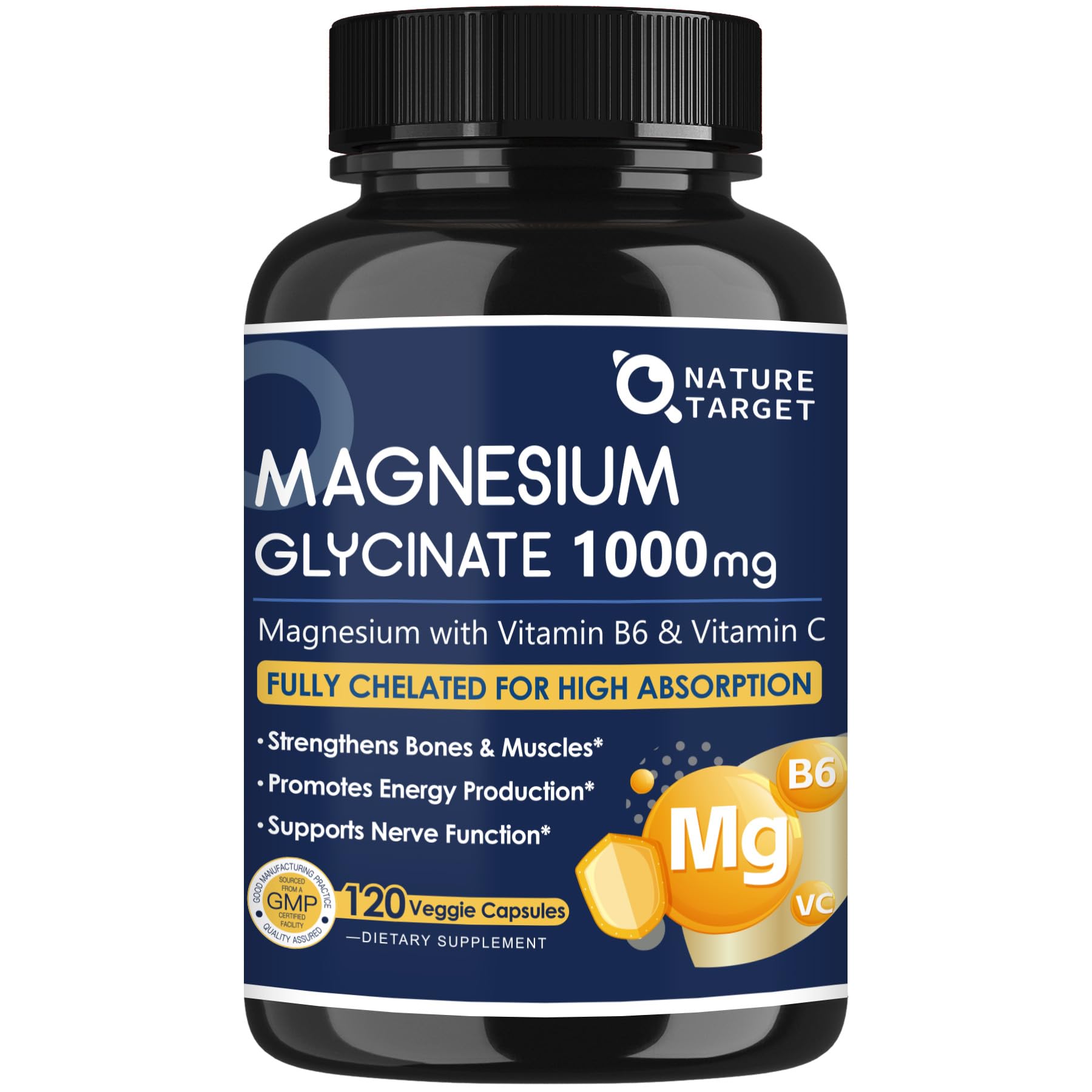 NATURE TARGET Magnesium Glycinate 1000mg with VC & B6, Vegan, 120 Capsules 120 Count (Pack of 1)