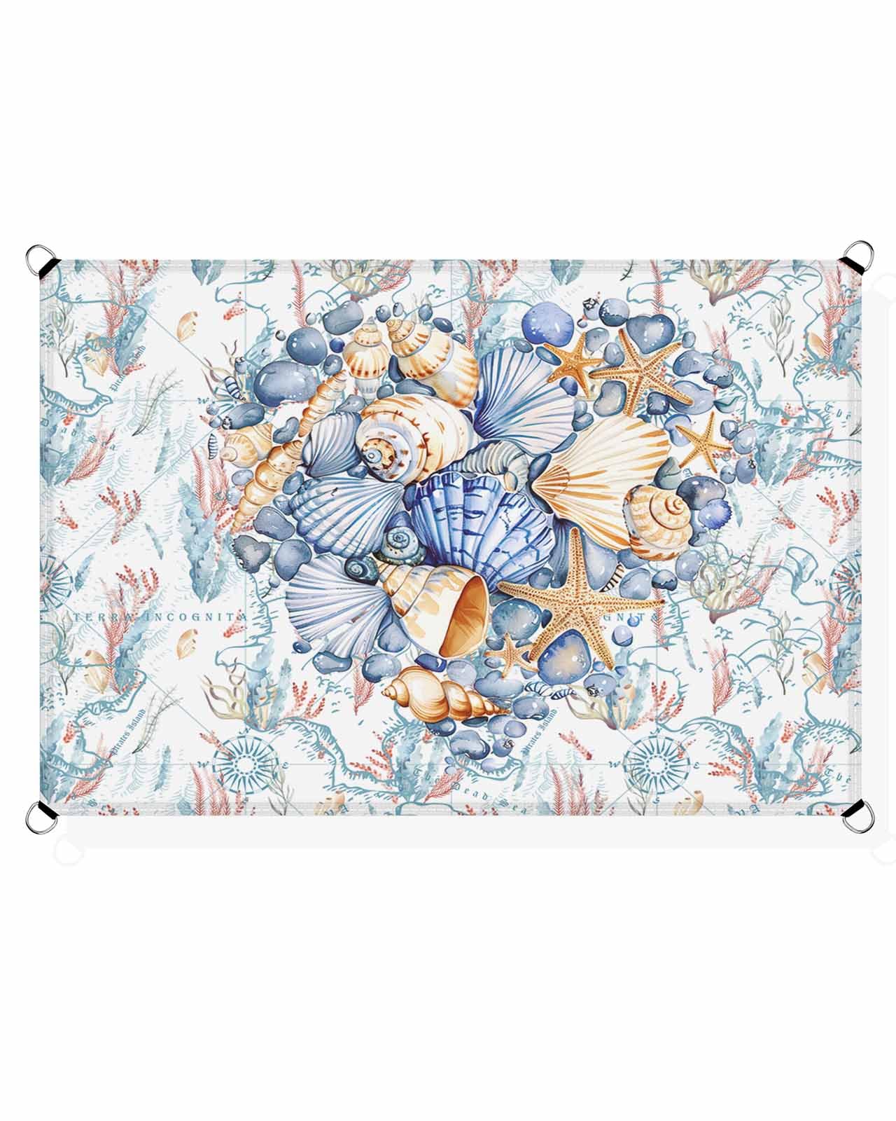 Blue Coastal Shell Sun Sail Shades Rectangle Canopy,Sunlight Block Heavy Duty Curved Backyard Shade Cover,Waterproof Sun Shades for Patios Outdoor,6.5'x10' Nautical Coral Ocean Conch Teal Seaweed