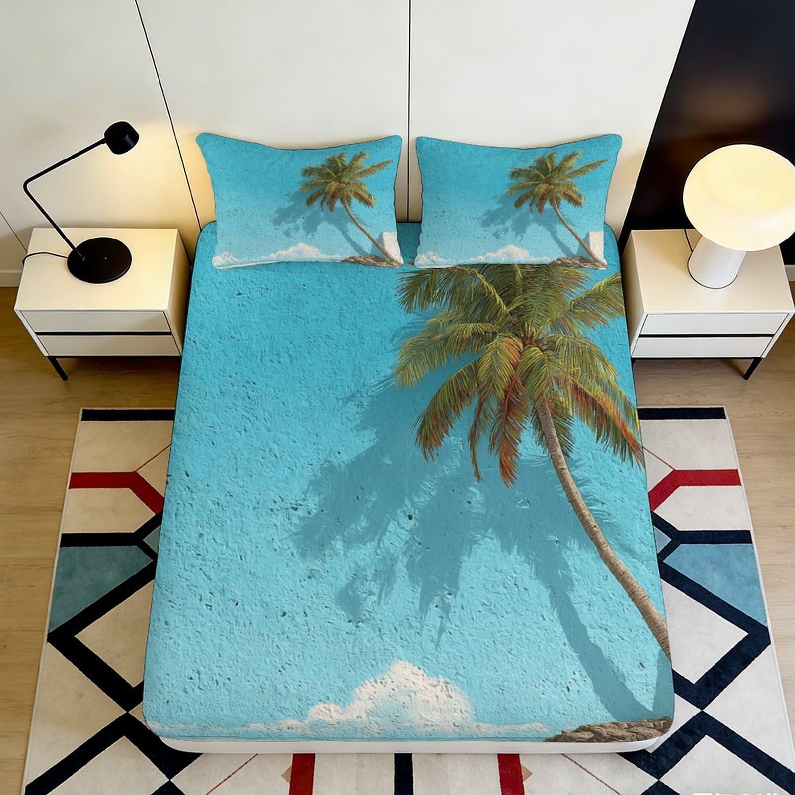 Jqzkxnhpbr Style-8 3D Printed Tropical Palm Tree Fitted Sheet Microfiber Soft Blue Sky Mattress Cover For Bedroom Dorm Mattress Protection Decor 90X200x25cm