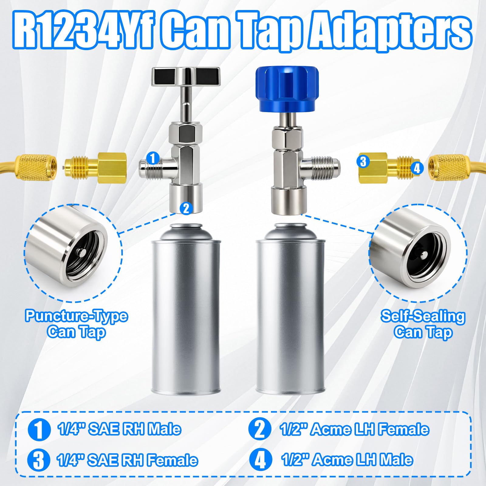 Ketofa R1234yf Adapter-Schnellkupplungs-Set für R1234yf Kältemittel, selbstdichtendes Dosenhahn- und Ventilkernentferner-Set, hohe und niedrige Seite R1234yf Adapter für 1/4 Zoll & 1/2 Zoll