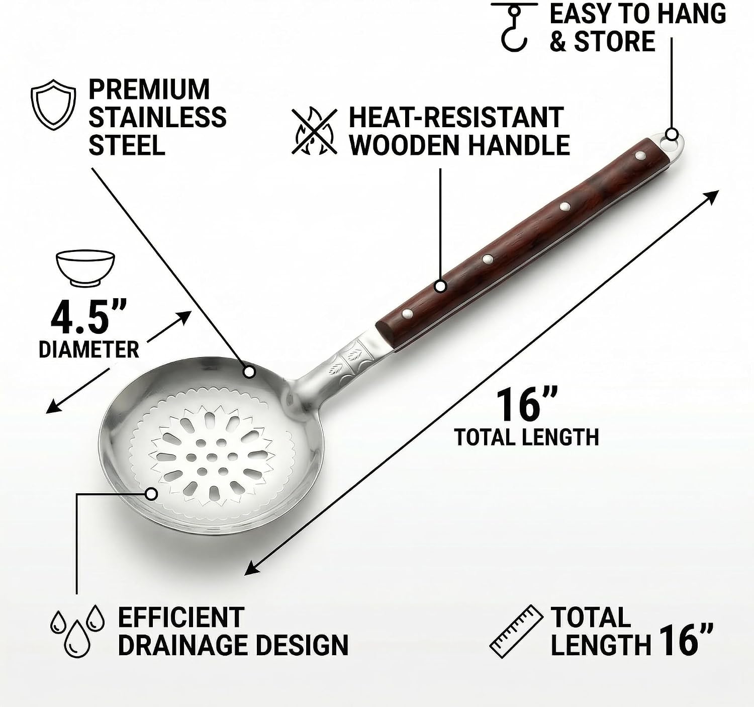 16'' Stainless Steel Skimmer for Uzbek Plov Slotted Spoon for Kazan Cooking with Wooden Handle.