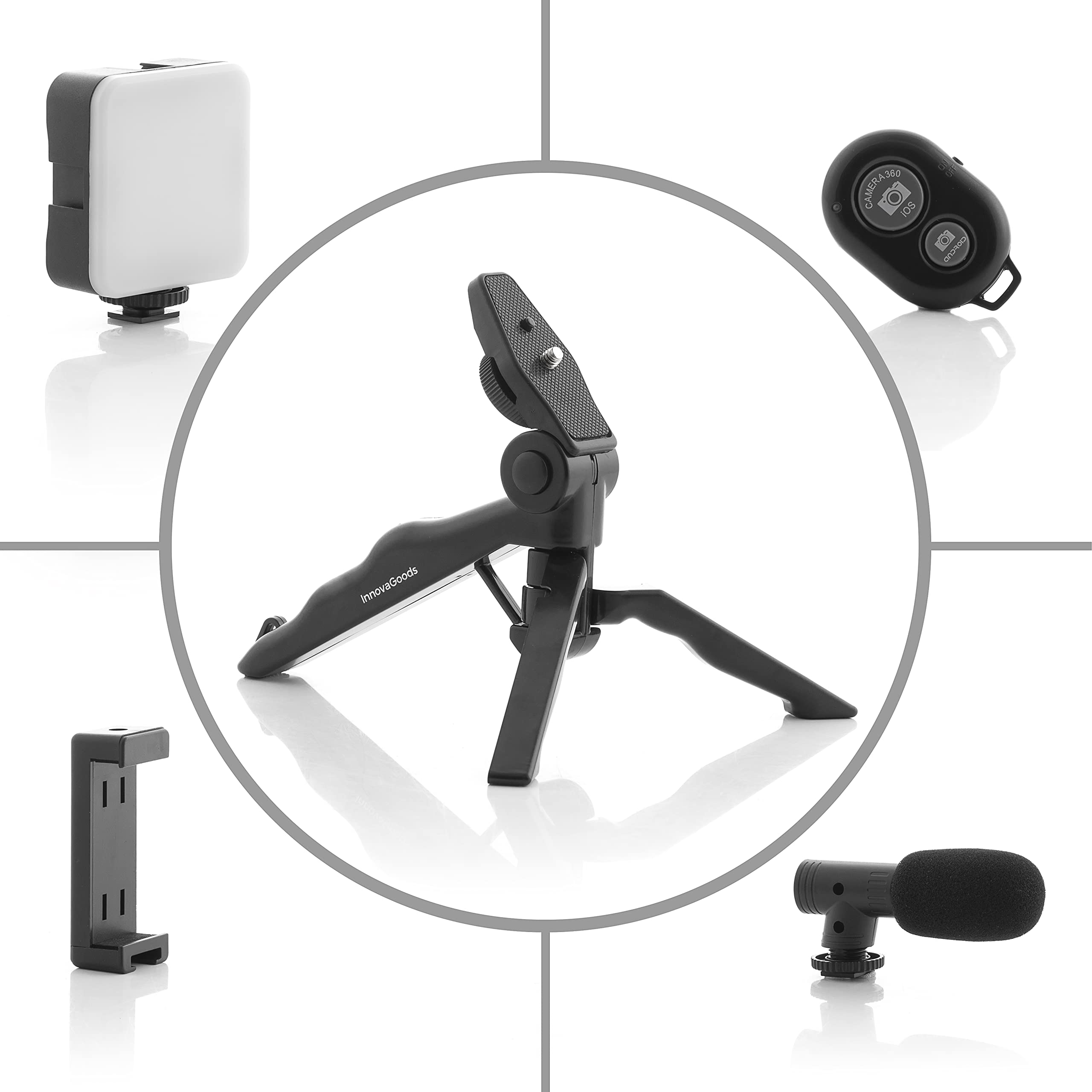 InnovaGoods® Kit de vlogging (6 piezas), tripode para movil graba vídeos de forma profesional, con aro de luz LED, micrófono y mando, ideal para vloggers, YouTubers y creadores de contenido.