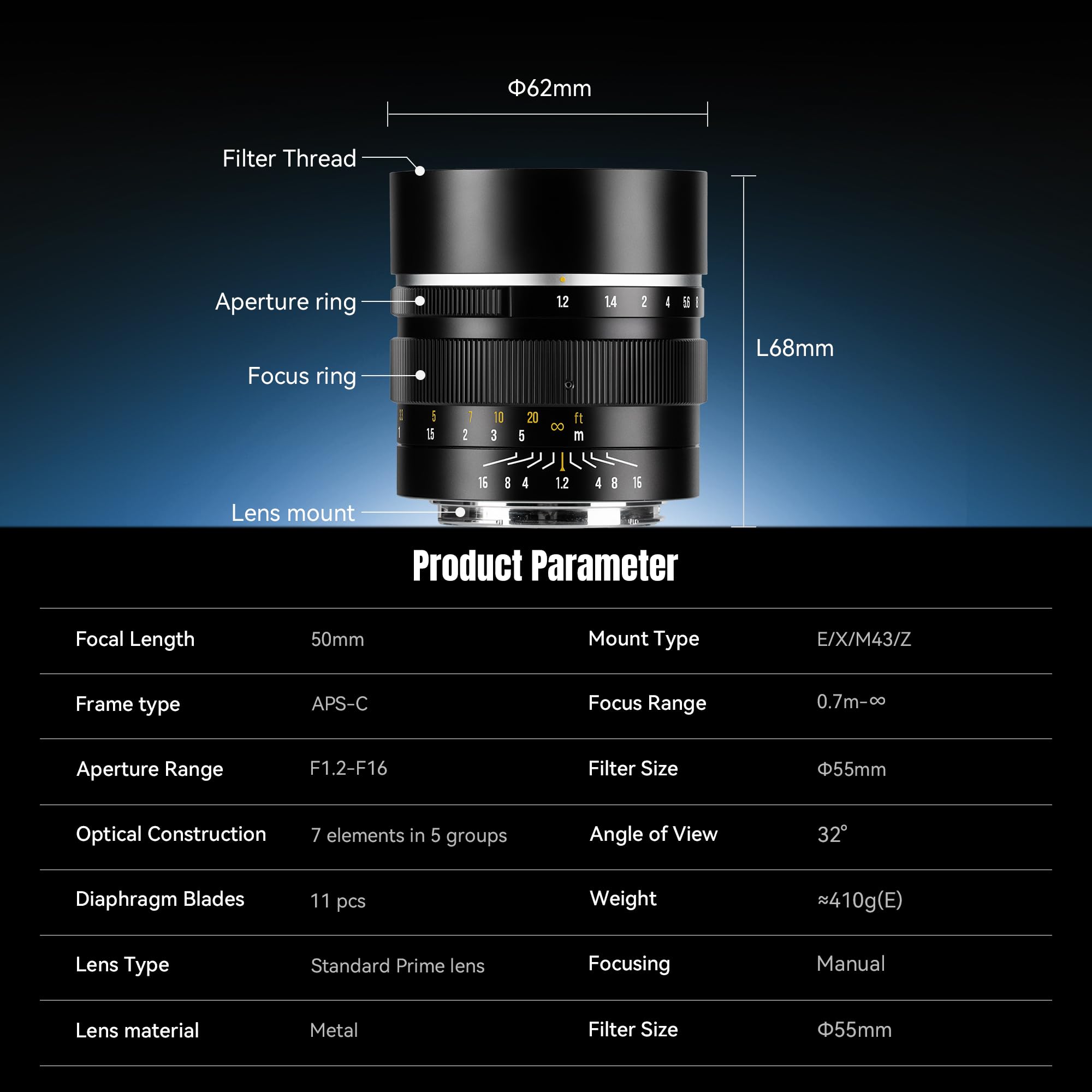 Amazon.com : 7artisans 50mm F1.2 APS-C 32° Manual Focus Fixed Lens