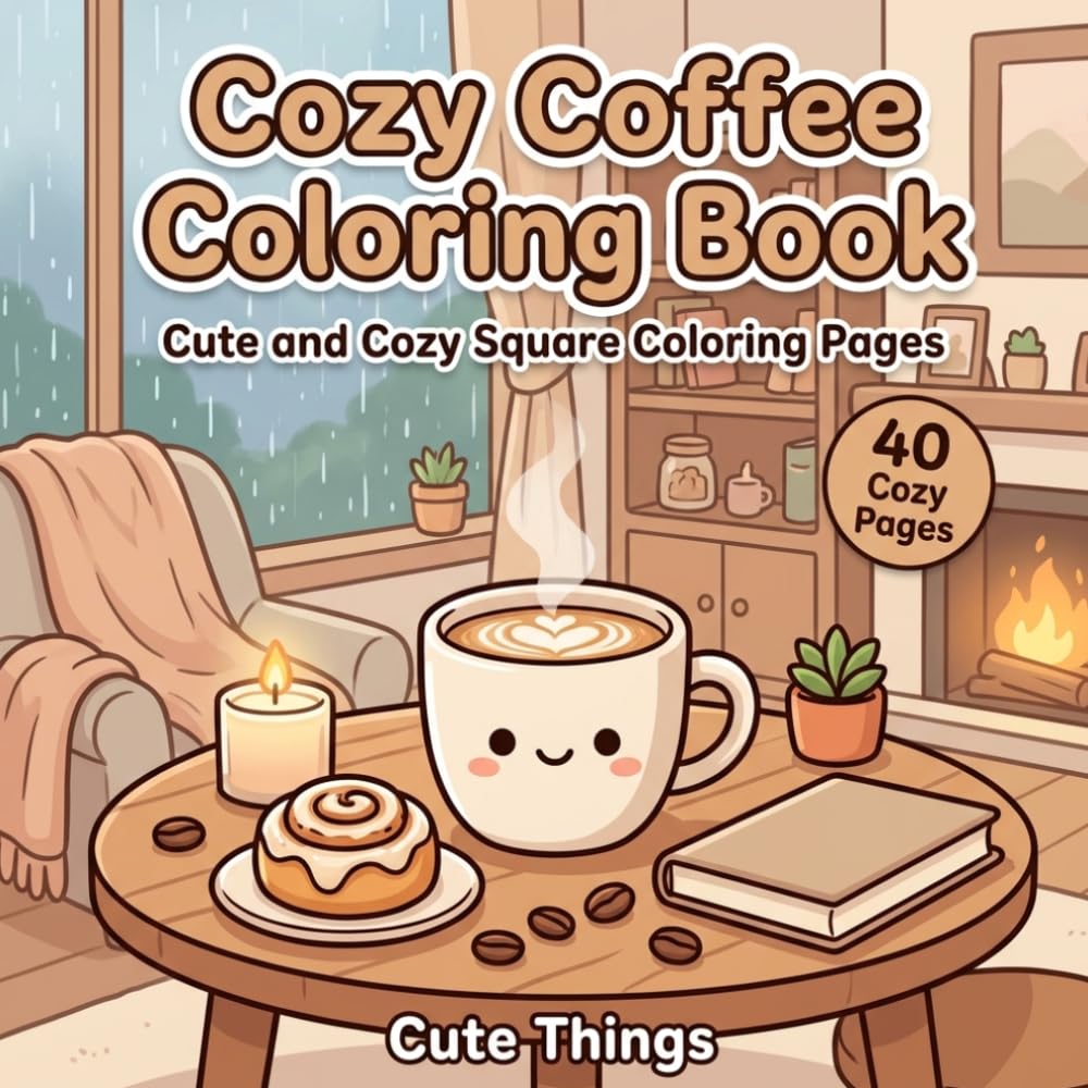 Cozy Coffee Coloring Book: Cute and Relaxing Coffee Coloring Pages with Mugs, Cafés, Books and Cozy Scenes: Cute and Cozy Square Coloring Pages