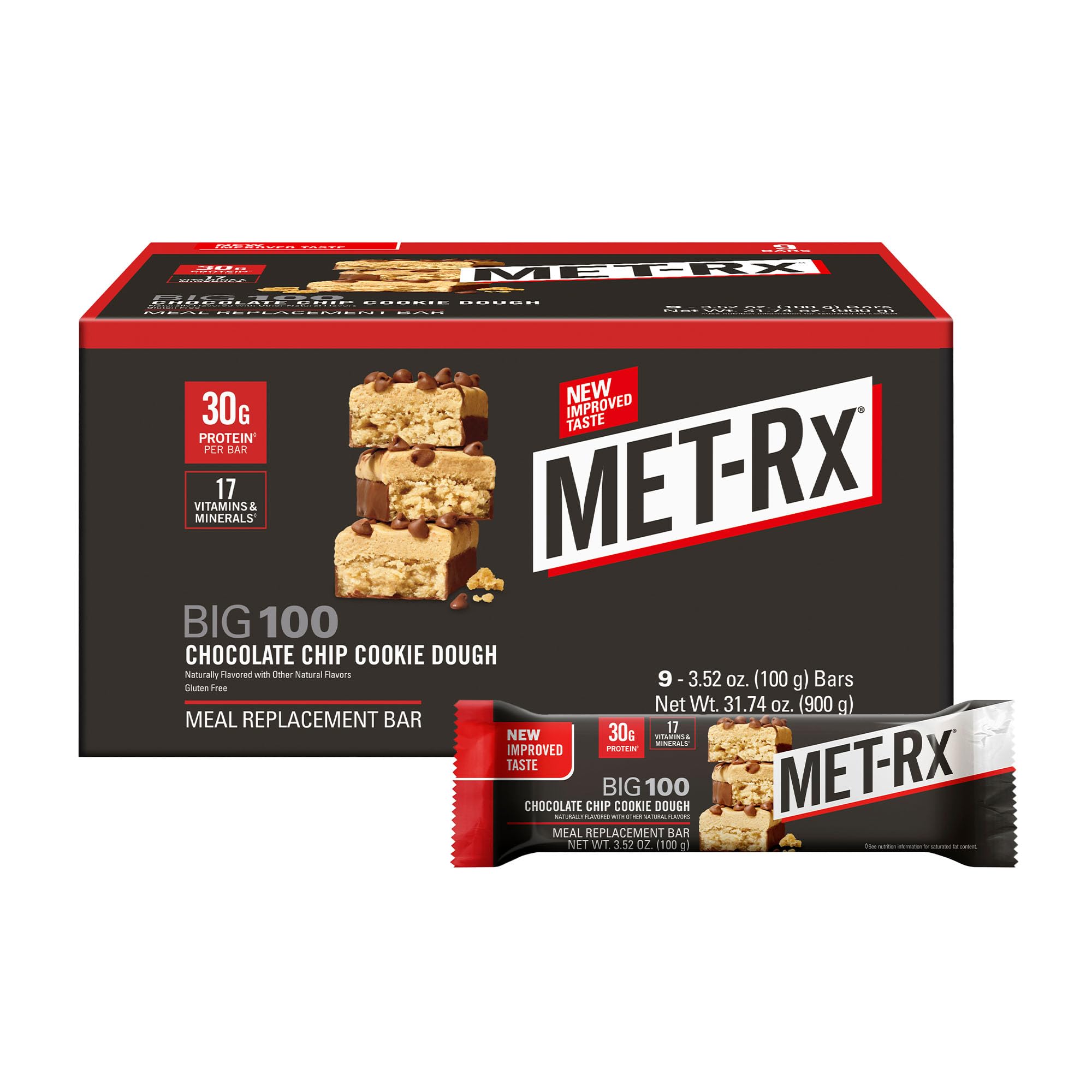 MET-Rx Big 100 Colossal Protein Bars, Chocolate Chip Cookie Dough Meal Replacement Bars, 9 Count (Pack of 1)