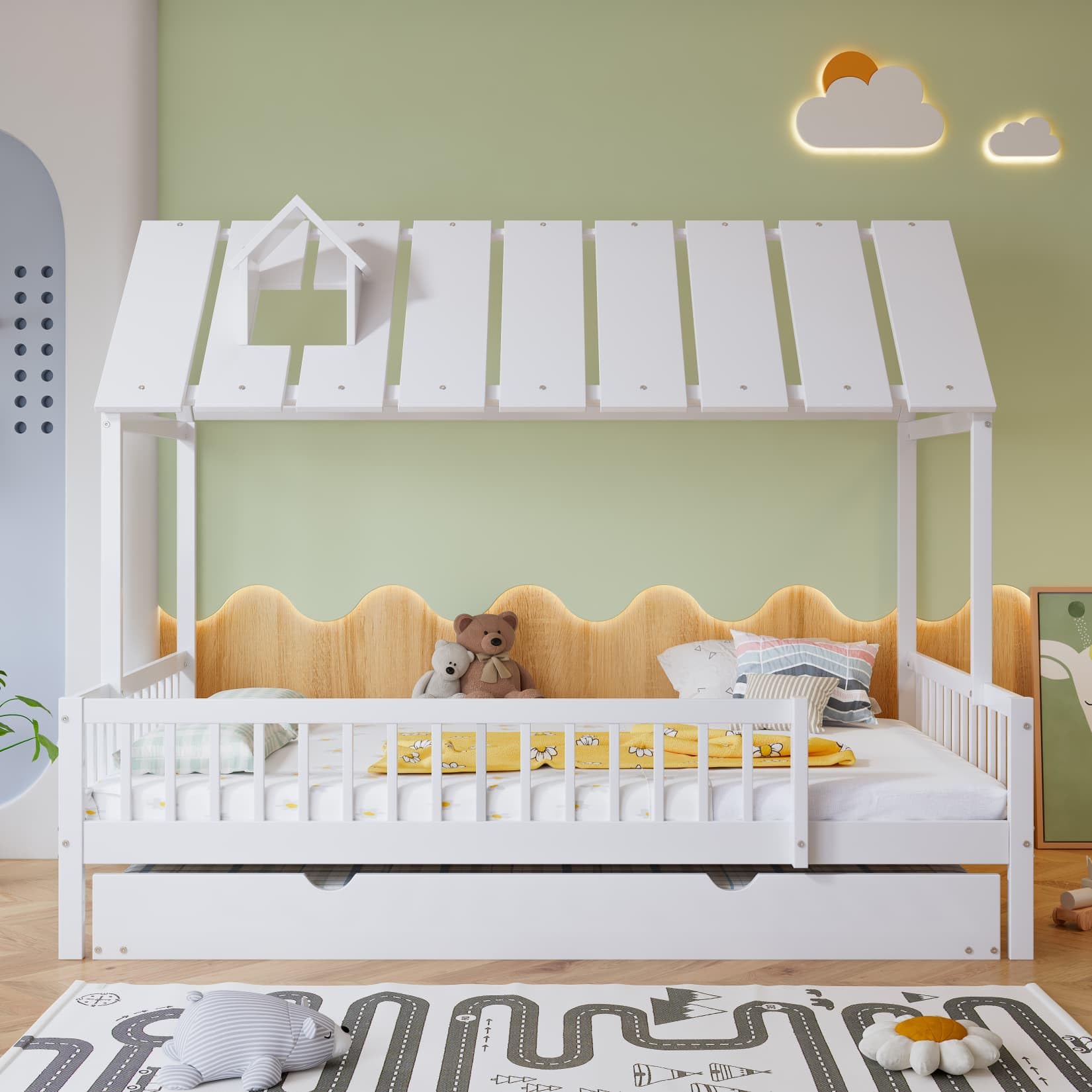 PUGSDRLY Lit Cabane 120x200 Deux Places avec lit Gigogne 120x190,Lit Enfant avec Tête à Décoration Cheminée,Barrière,Sommier à Lattes Solide,pour Enfants Adolescents,Pin,Blanc(B)