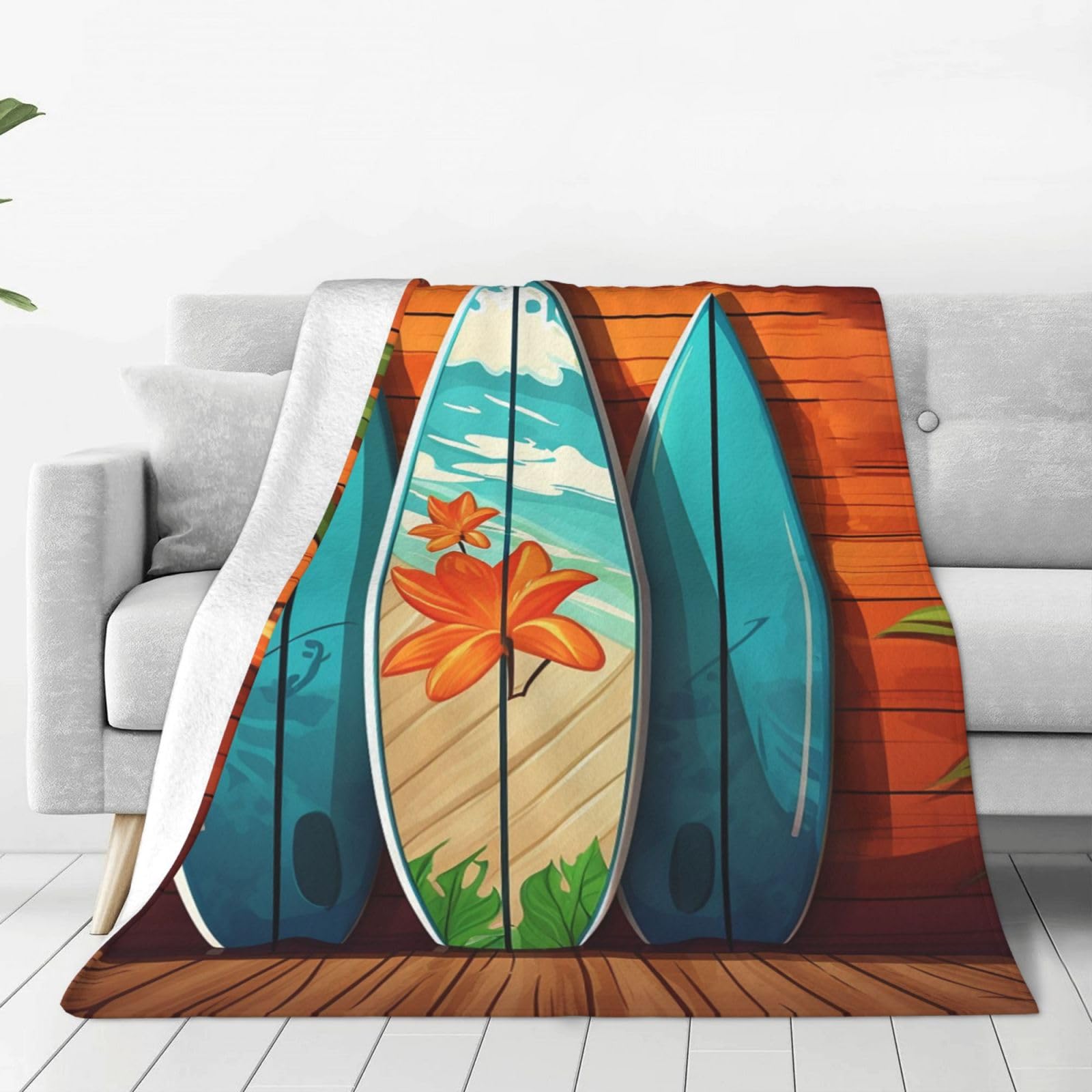 KLOPH Surfboard on Wooden Throw Blanket 80"x60" Flannel Fluffy Warm Blanket for Couch, Reversible Plush Blankets for Bed, Comfy Fuzzy Blanket for Sofa, Plush Lightweight-Blankets for All Season