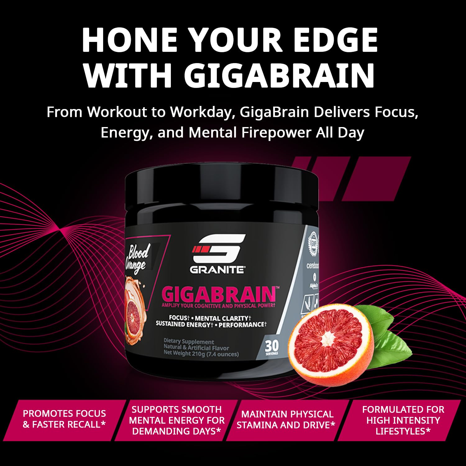 (inv) Granite Nutrition GigaBrain Nootropic Energy Powder – Cereboost, Alpha-GPC & ElevATP – Cognitive Focus Supplement for Sustained Energy & Performance – Blood Orange, 30 Servings