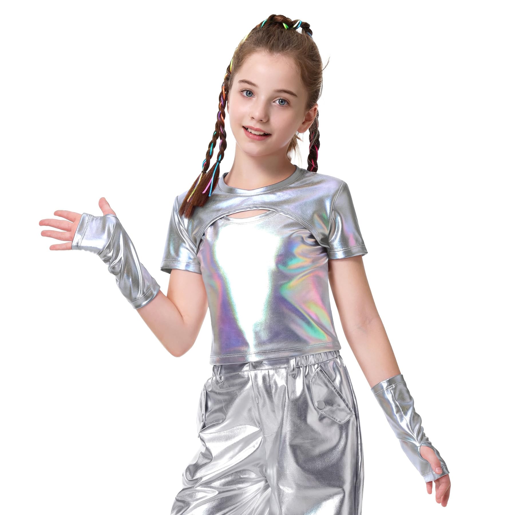 LOLANTA Top Metálico Camisa Danza Niña Jazz Moderno Hip-Hop Brillante para Baile