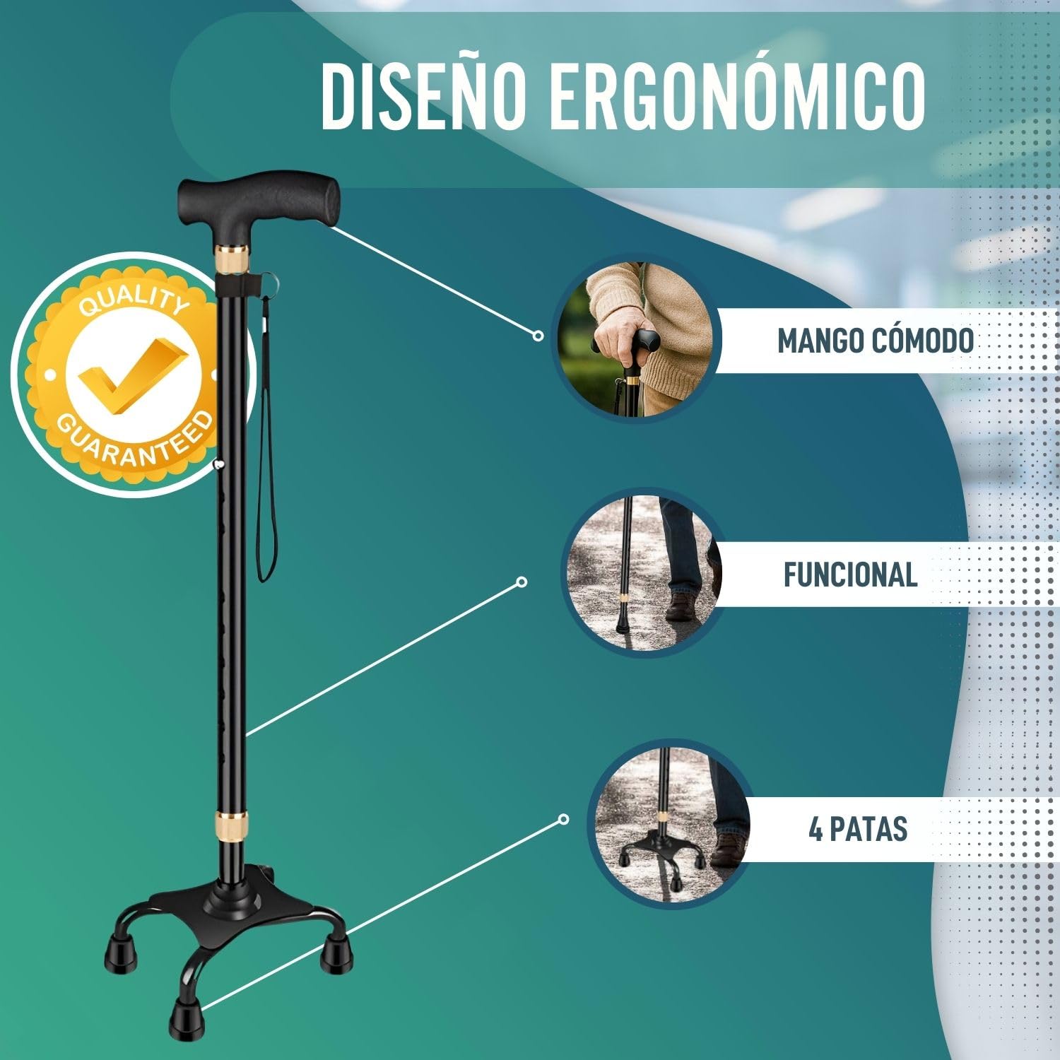 OrtoPrime Bastón 4 Patas Ergonómico Bastón Cuadrípode - Bastones para Mayores Regulables - Bastones Ortopédicos Mujer Y Hombre Baston Anciano -Bastones para Caminar Modernos Baston con Cuatro Apoyos