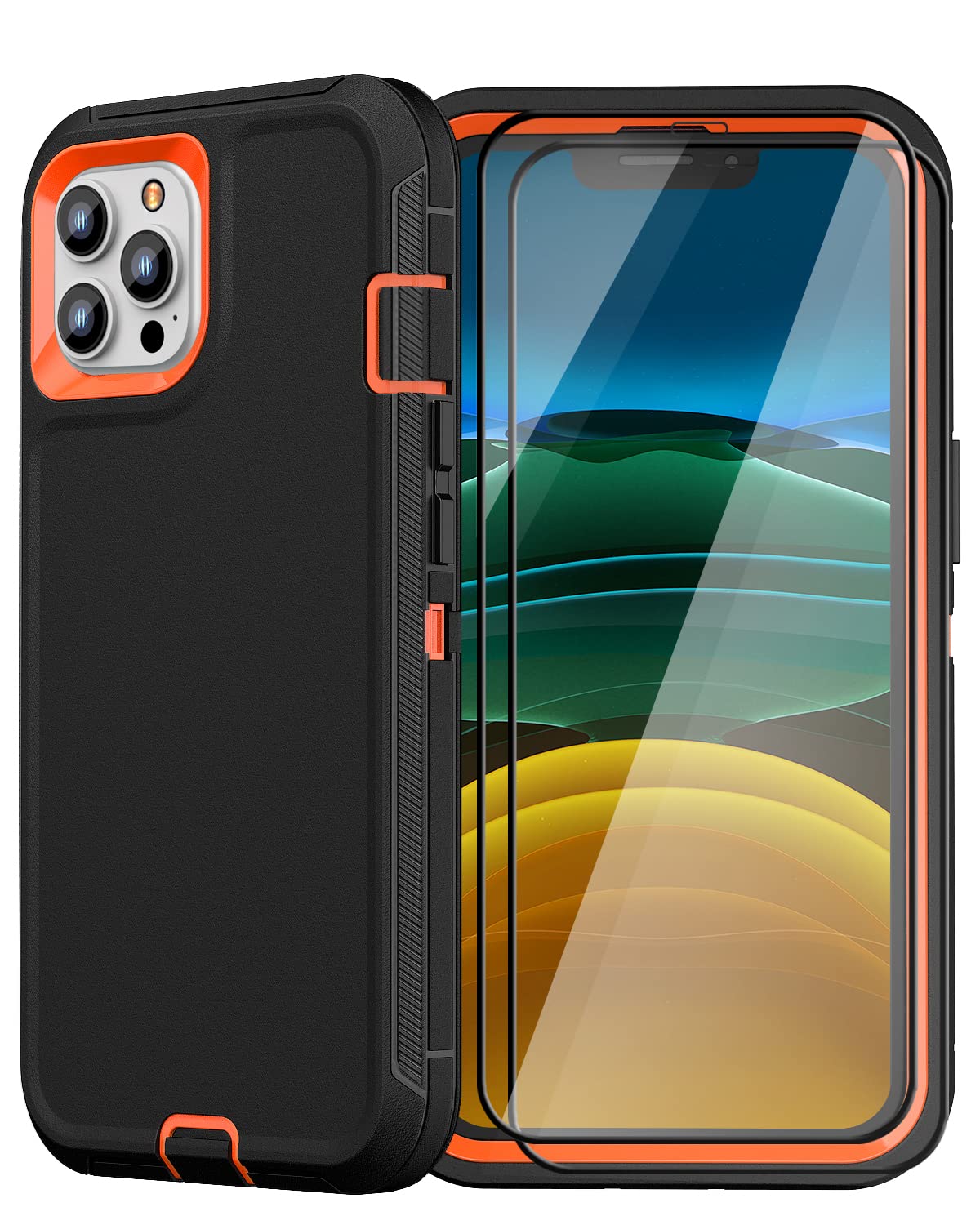 FEIYAR HOME iPhone 11 Pro Max Heavy Duty Case with 2 Tempered Glass Protectors - Military Grade Shockproof, Black Orange