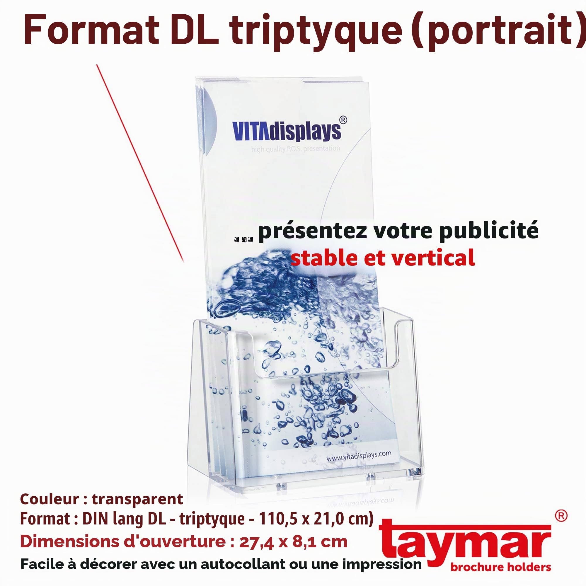 Taymar Présentoir à flyers DIN long stable de la marque en tant que présentoir de table transparent trifold pour flyers DL et cartes postales DIN A6 (Lot de 5)