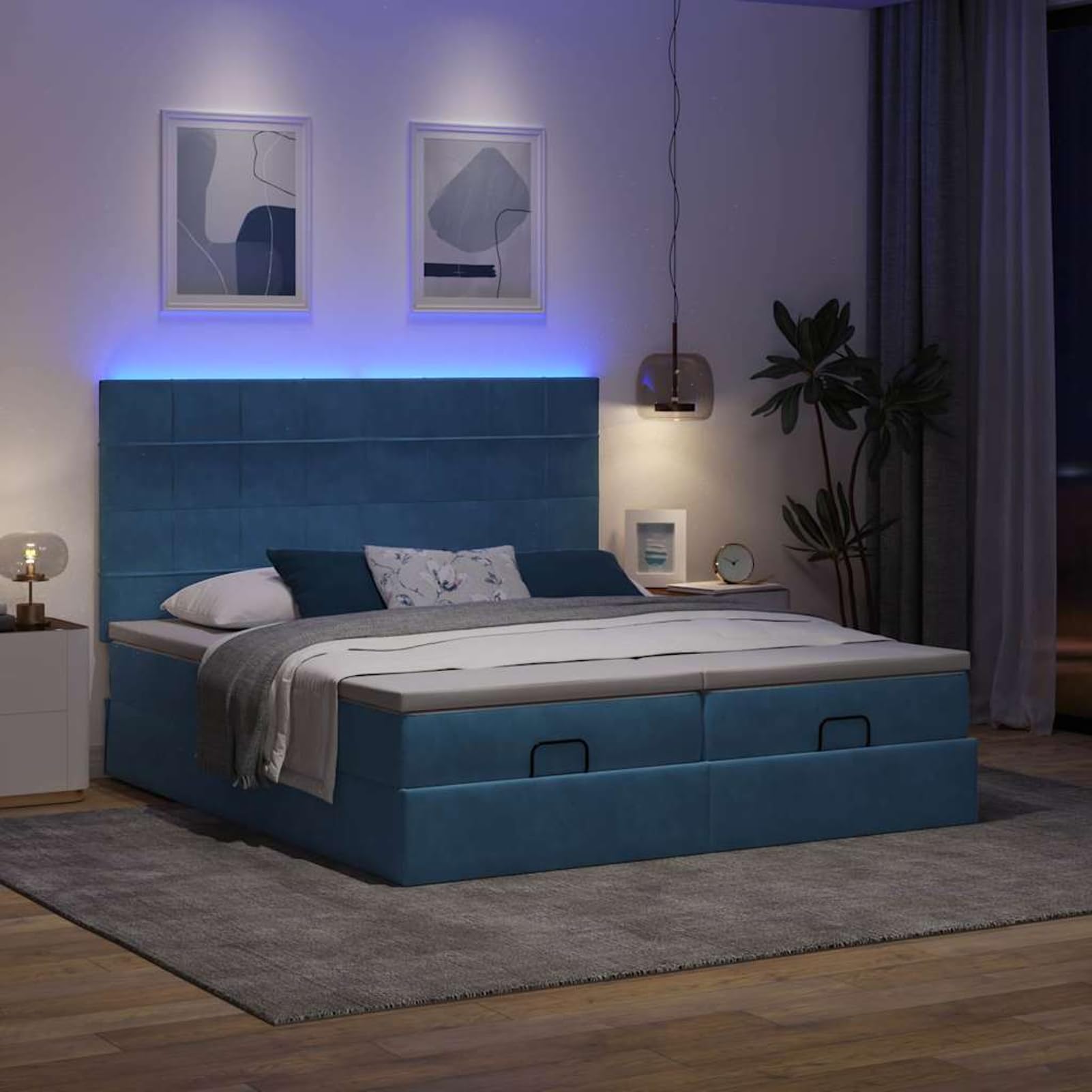 Gecheer Cama Otomana con Almacenamiento y Colchón de Resortes Enfundados, Tela de Terciopelo, Luces LED, para Dormitorio y Descanso