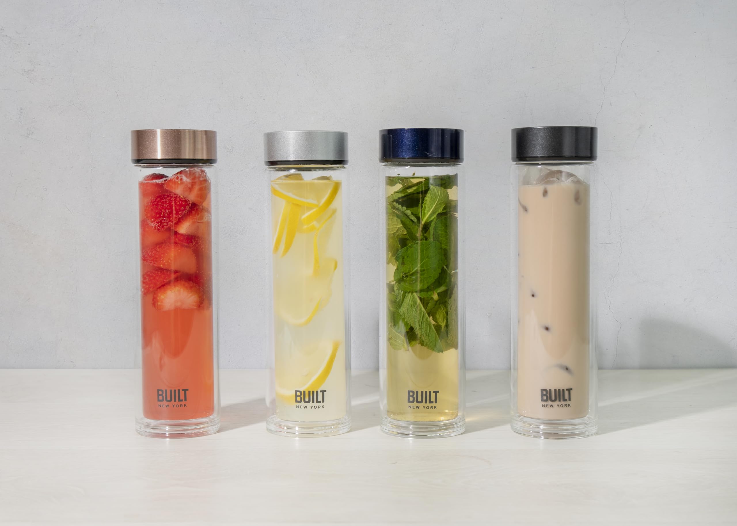 BUILT Tiempo Isolierte Glas-Wasserflasche, BPA-freies Borosilikatglas / Edelstahlflasche, Mitternachtsblau, 450 ml
